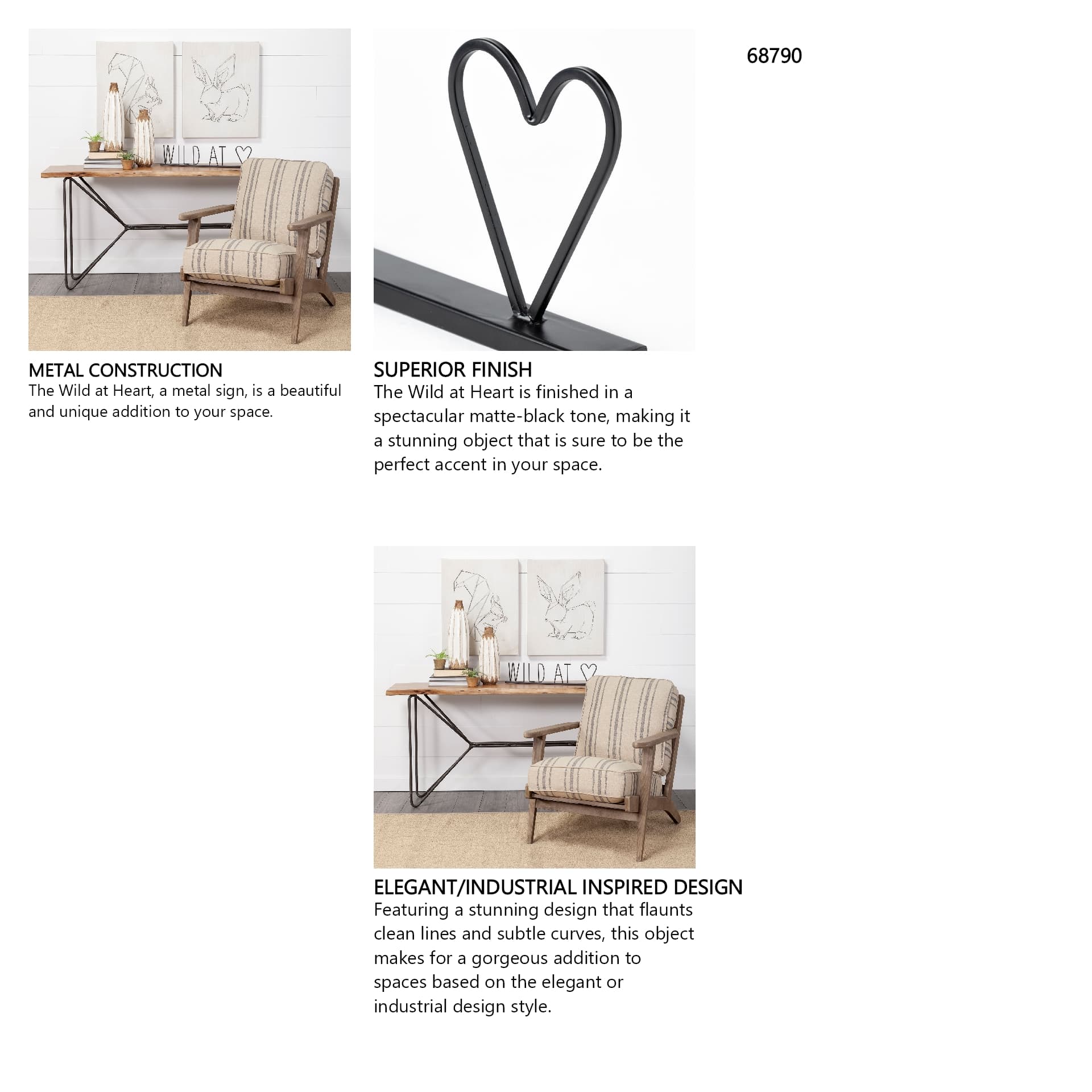 Wild at Heart 24L x 1W Black Metal Sign — in a styled room