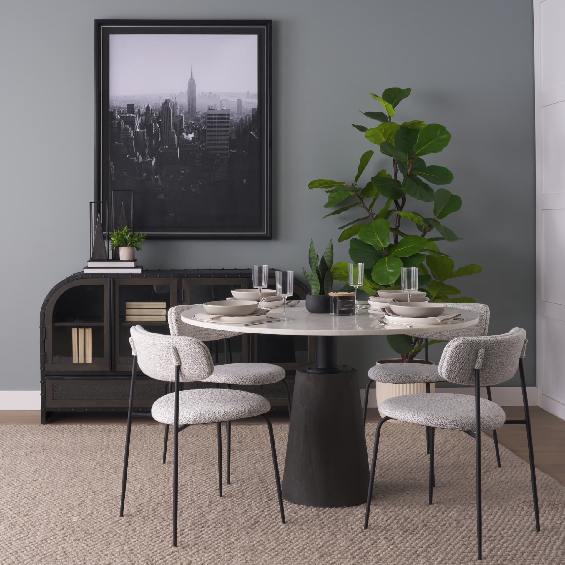 Casey Curved Back Dining Side Chair | Gray Fabric w/ Black Metal — product photograph