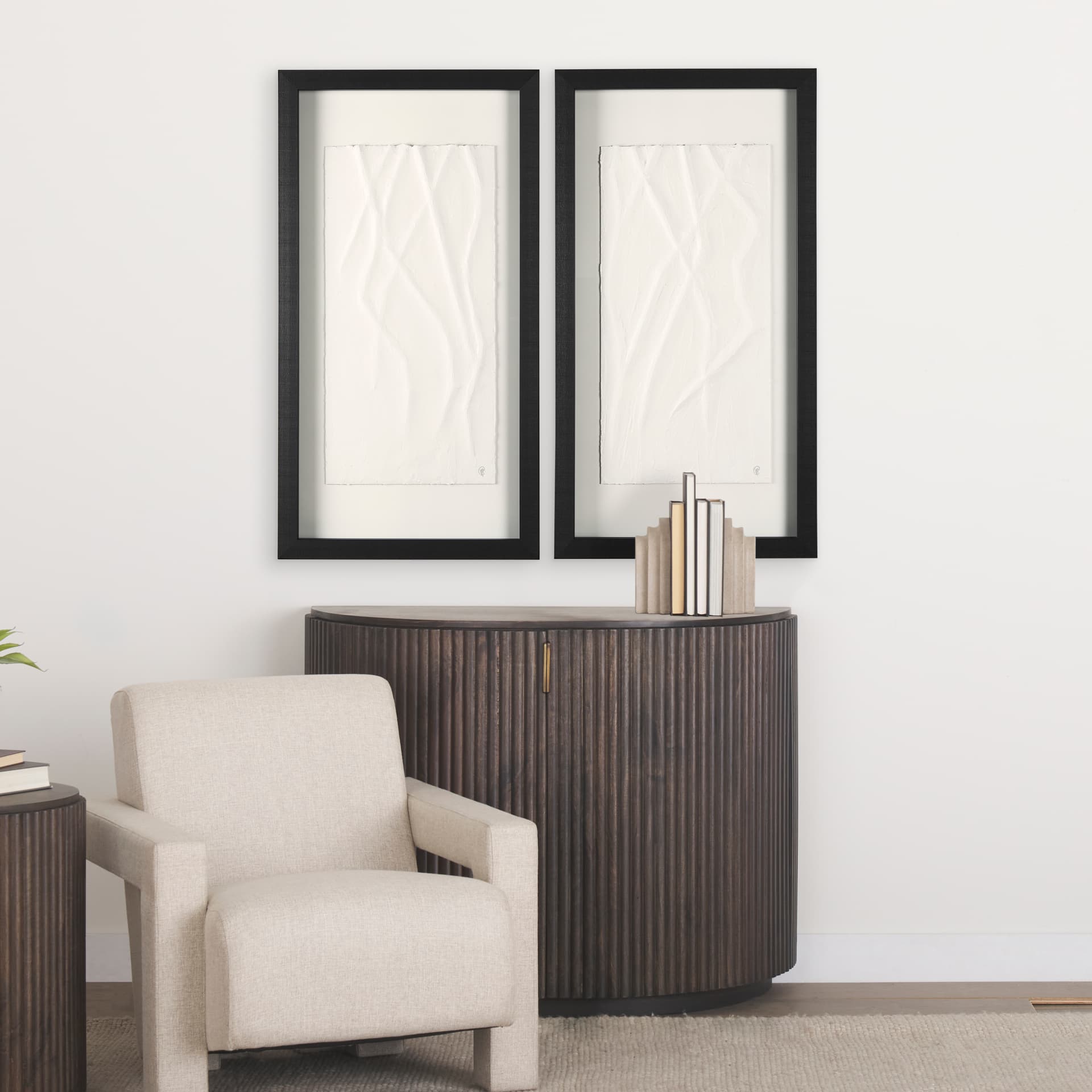White Vines II (SET OF 2) by Studio M a handmade Original Framed 3D Textured Artwork under Glass — in a styled room