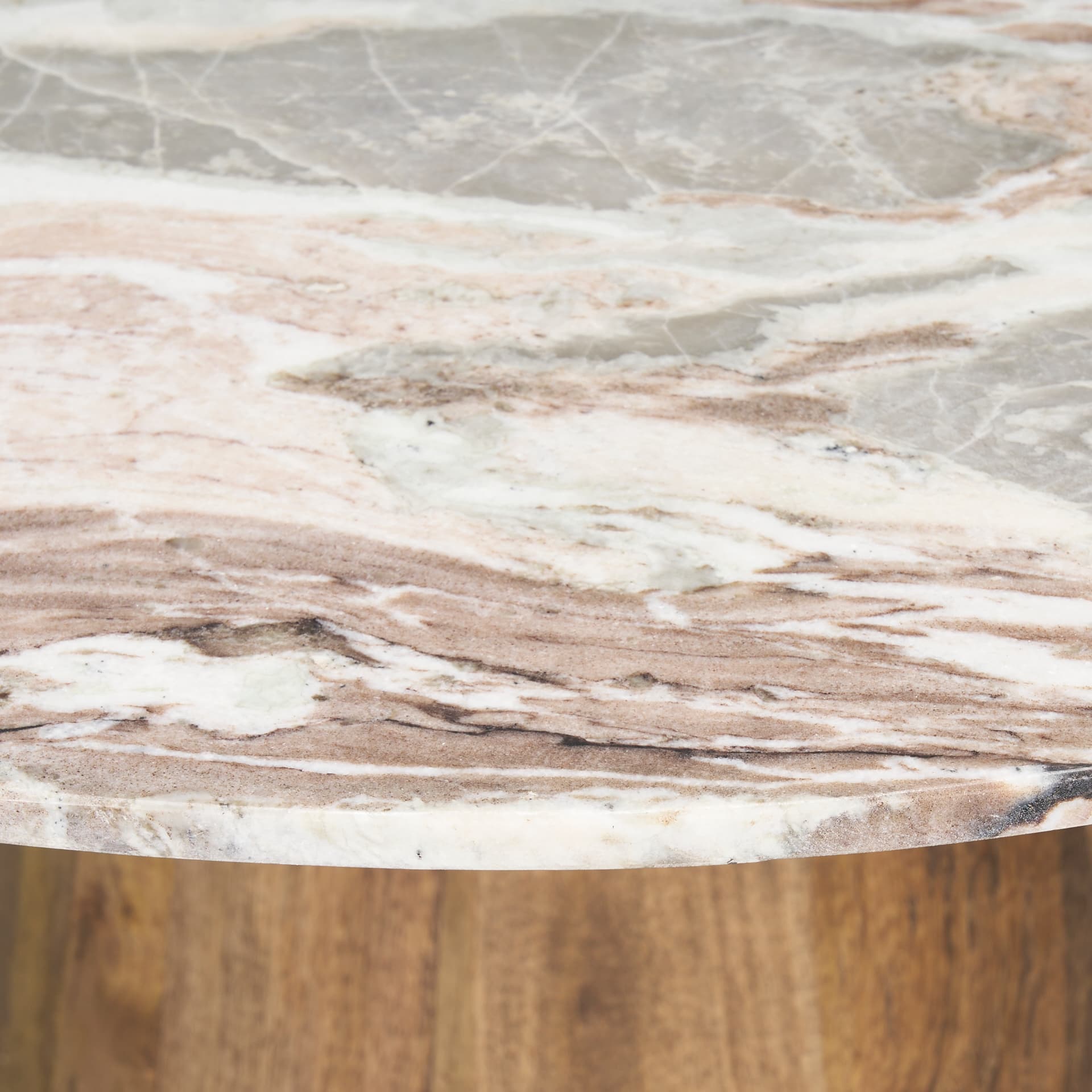 Allyson 54" Round Pedestal Dining Table | Savar Pink Marble & Brown Wood | Seats 6 — product photograph