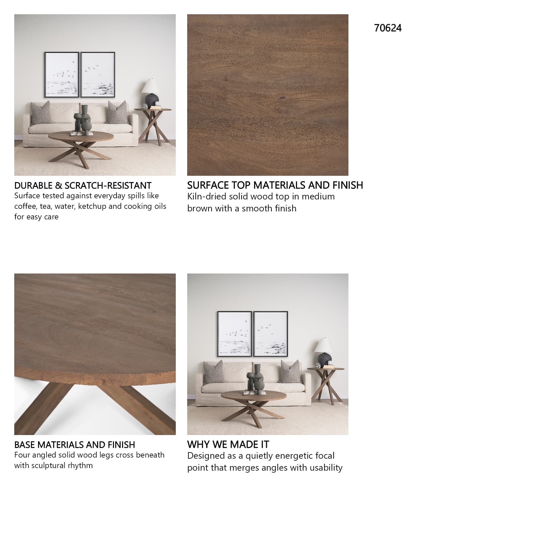 Solana Medium Brown Wood Coffee Table — in a styled room