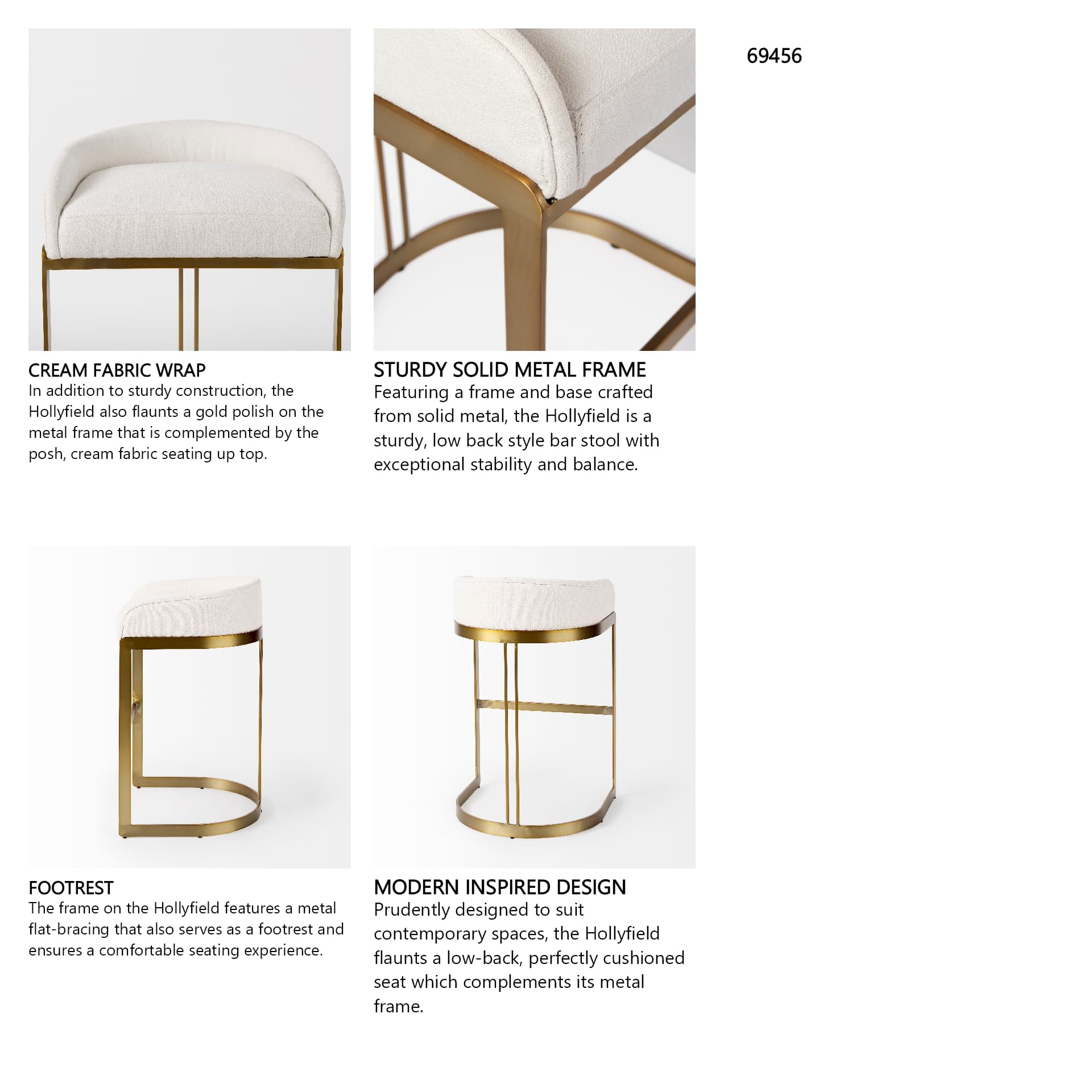 Hollyfield Low Back 28.75in Seat Bar Stool | Cream Fabric w/ Metal — product photograph