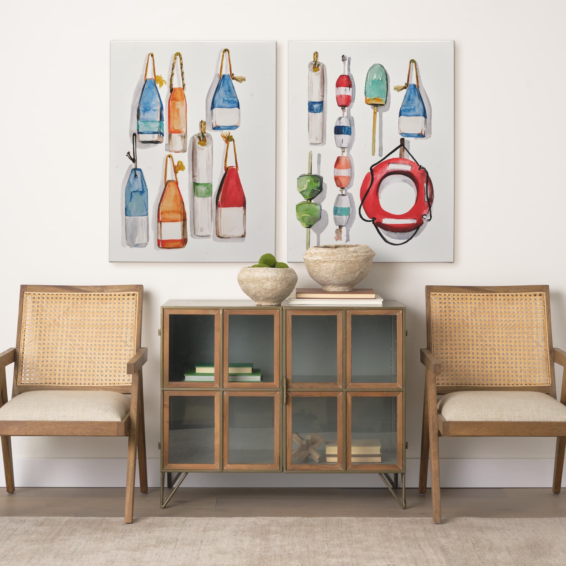 Watercolor Buoys II by Jennifer Paxton Parker a Hand Embellished Textured Canvas — in a styled room