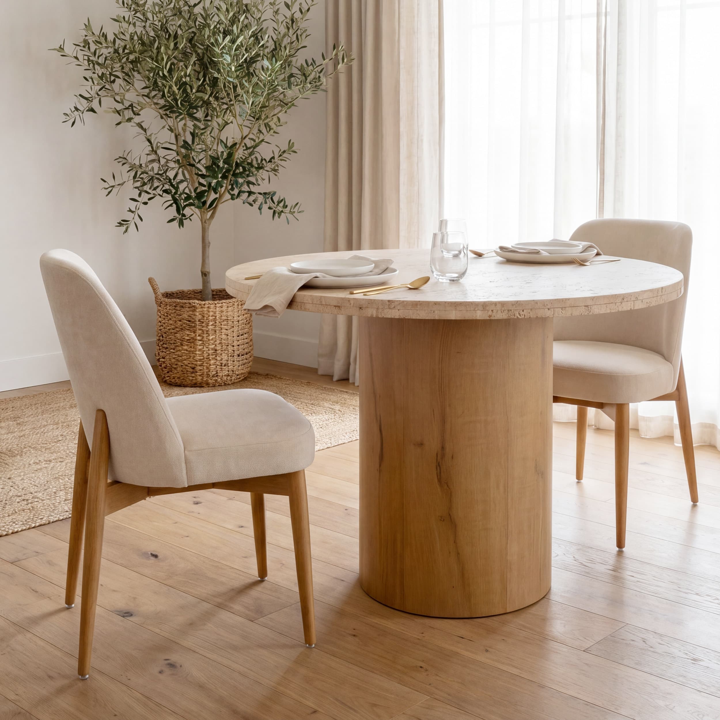 Abbie Curved Back Dining Side Chair | Oatmeal Fabric w/ Brown Wood — product photograph