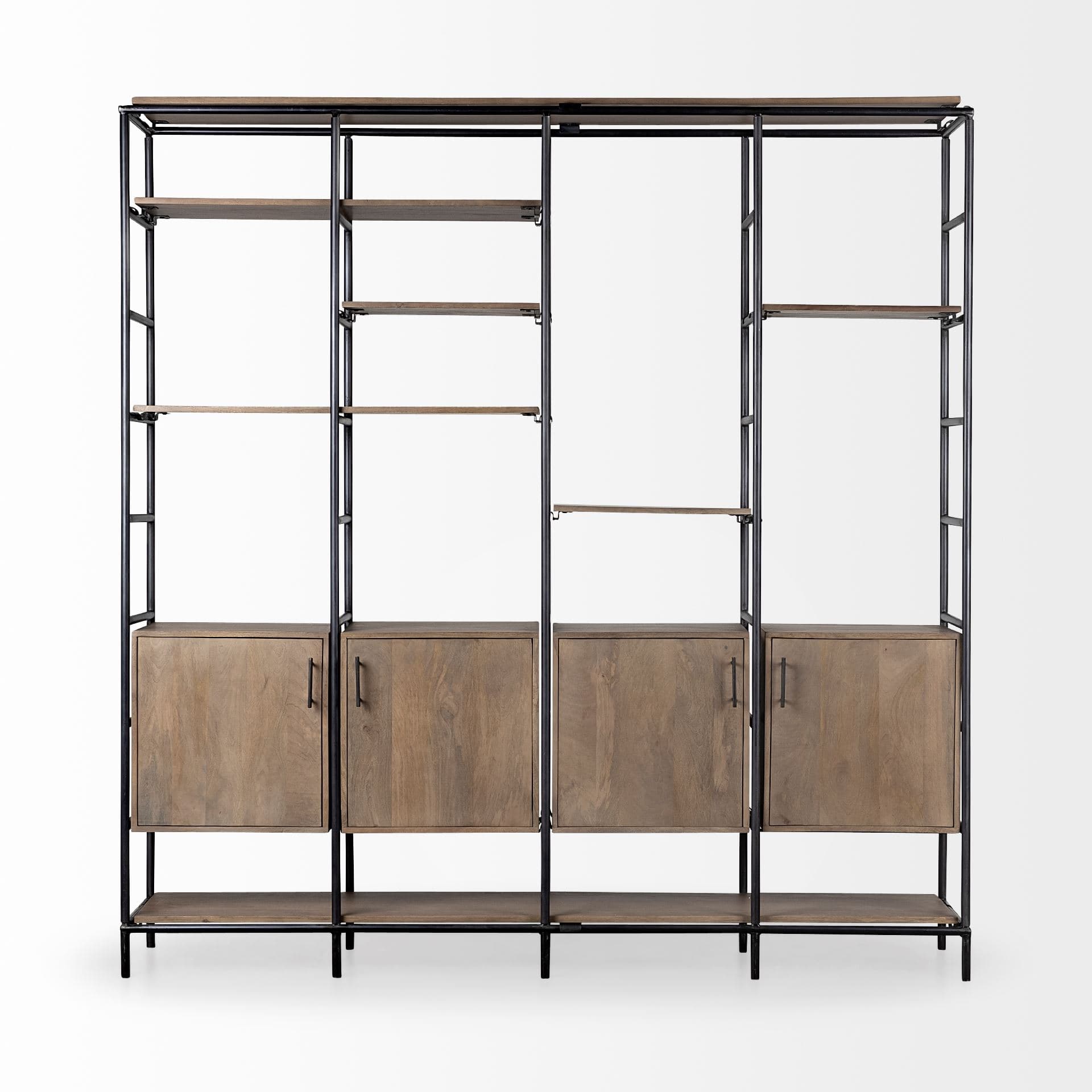 Darius 82L x 16.5W x 90H Medium Brown Wood and Metal Multi-Shelf Shelving Unit — product photograph