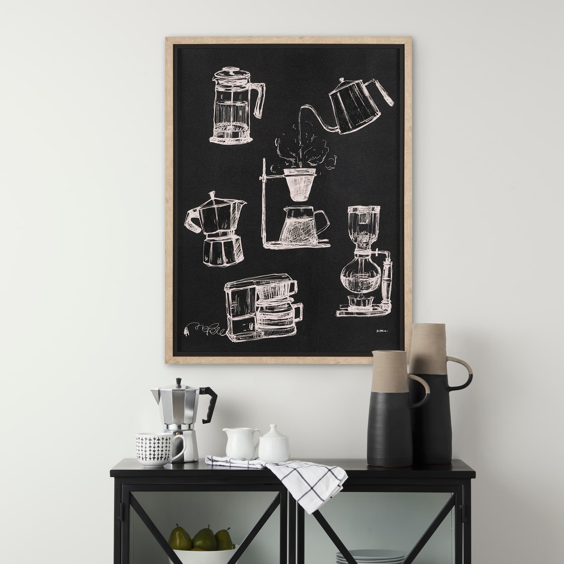 Coffee Maker Study by Mercana Studio a Hand Embellished Textured Framed Art Print Matted under Glass — in a styled room