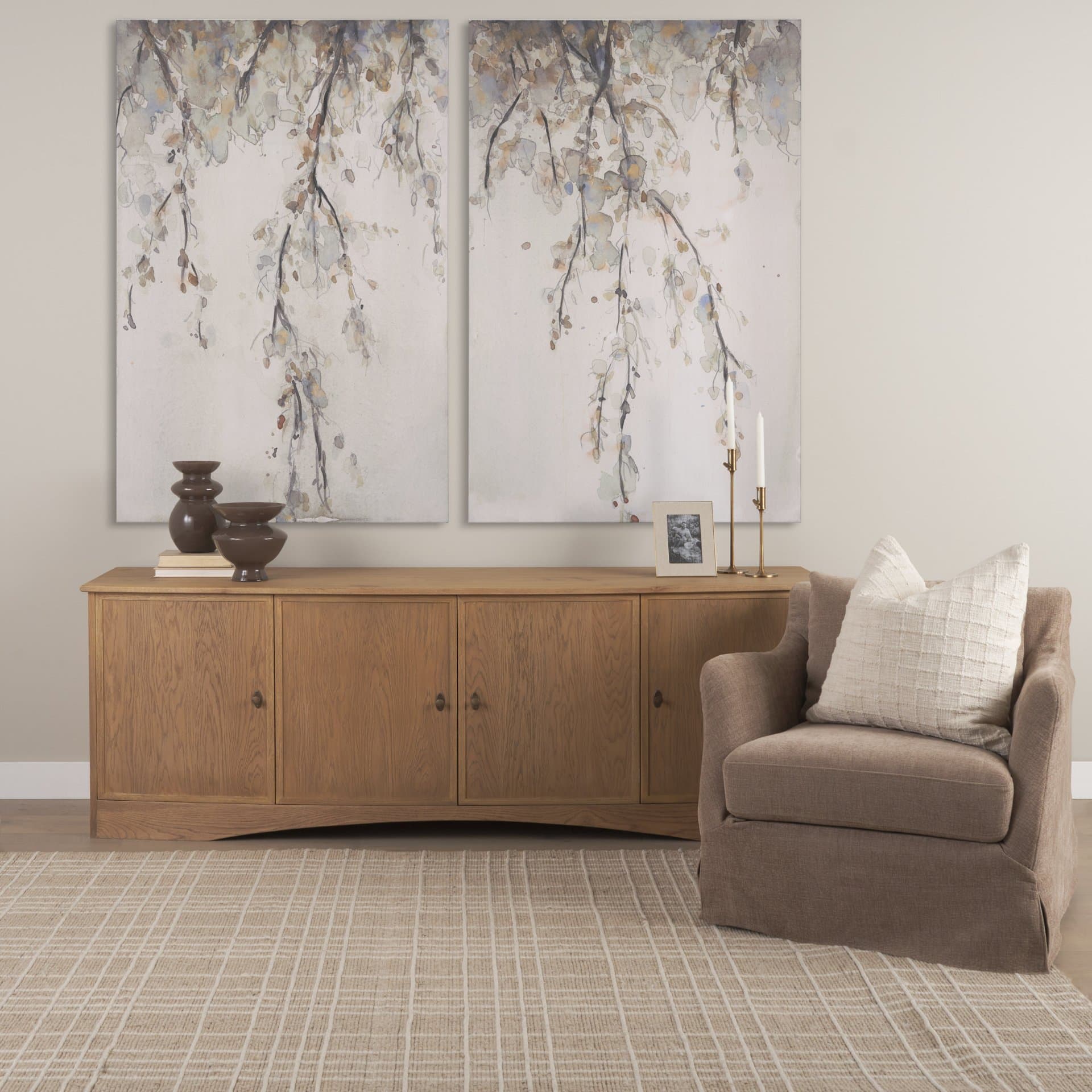 Carrington 82" 4 Door Closed Sideboard | Brown Oak Wood w/ Brass Hardware — in a styled room