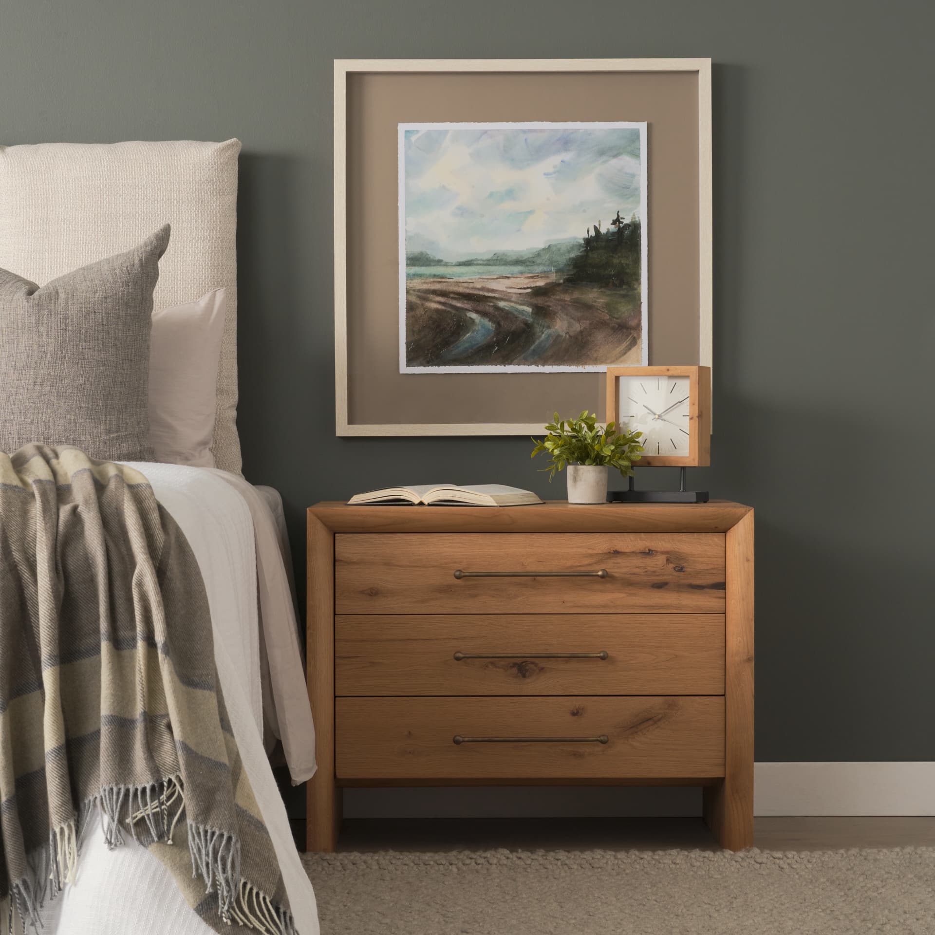 Belford 3-Drawer Light Brown Oak Wood Closed Nightstand — in a styled room