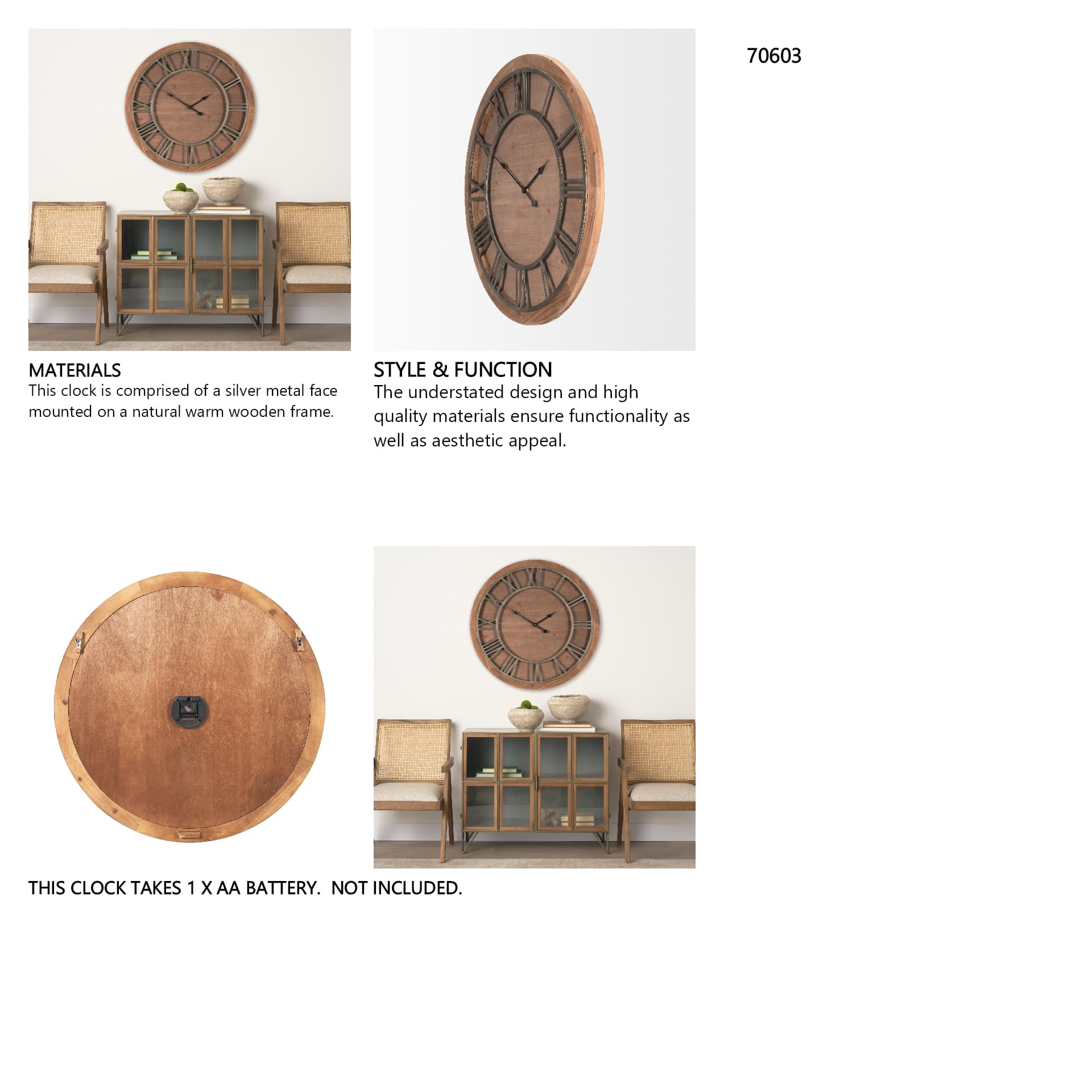 Raul Medium Brown Wood W/ Silver Metal Wall Clock — in a styled room
