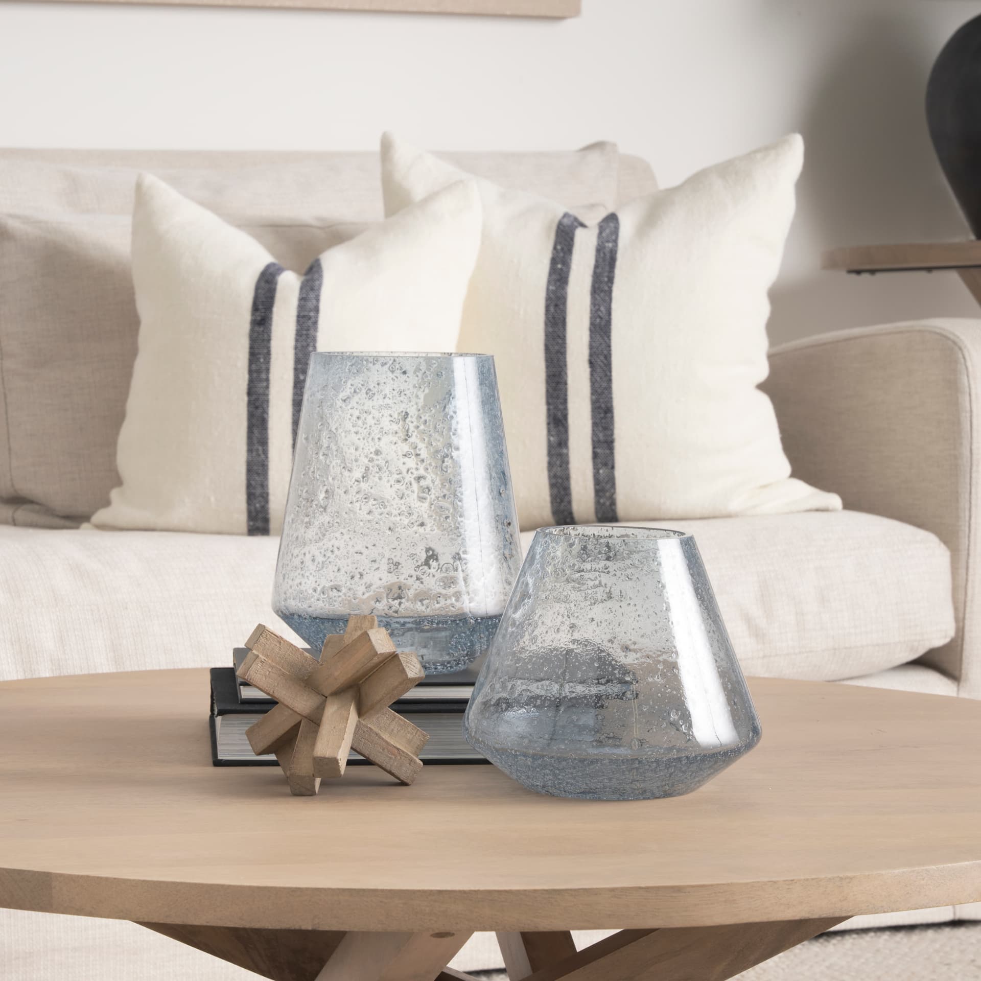 Robyn Tall Blue Glass Vase — in a styled room