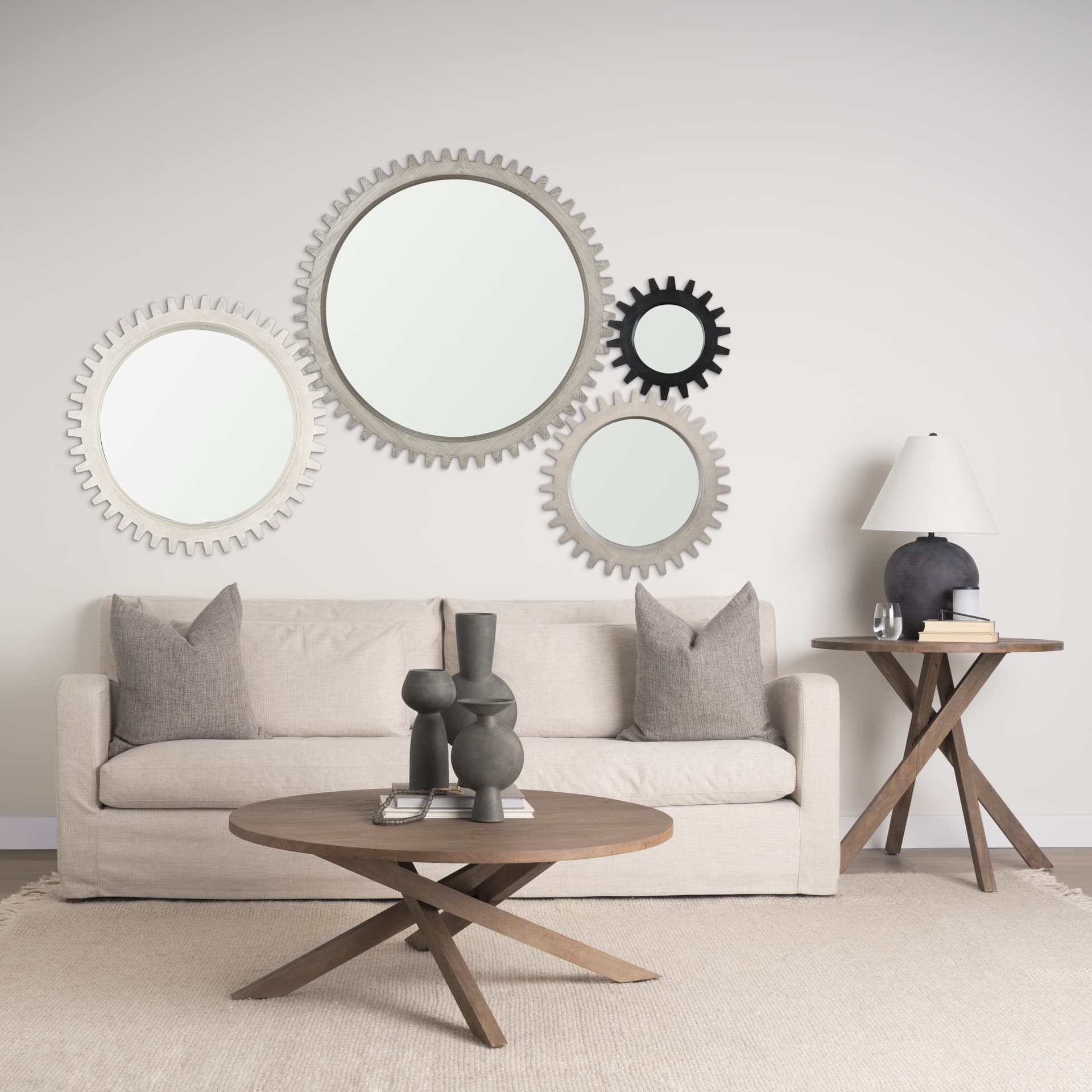 Cog Mirror 44" Round Gray Wood Frame Mirror — product photograph