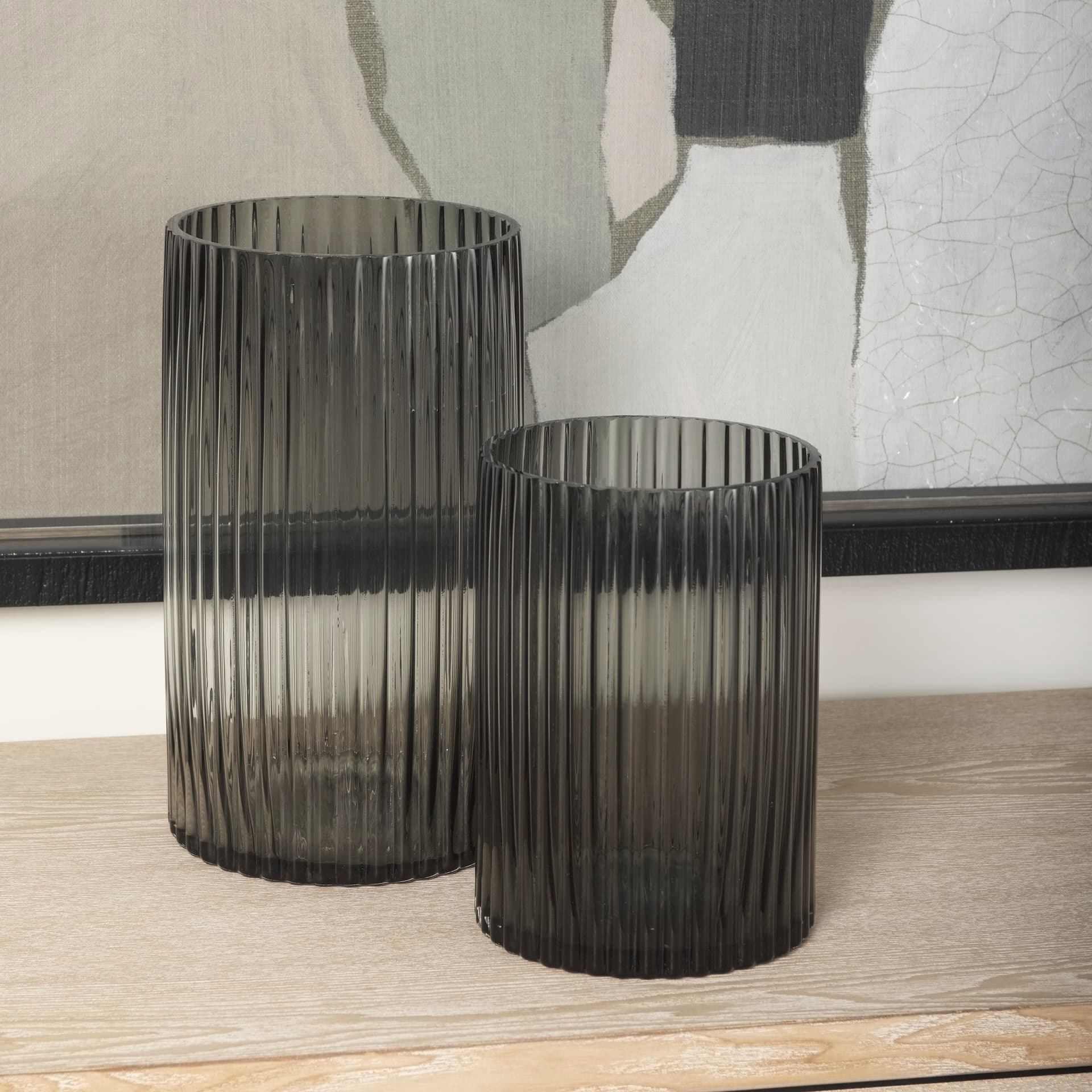 Dawn 11.4" Ribbed Smoke Gray Glass Vase — product photograph