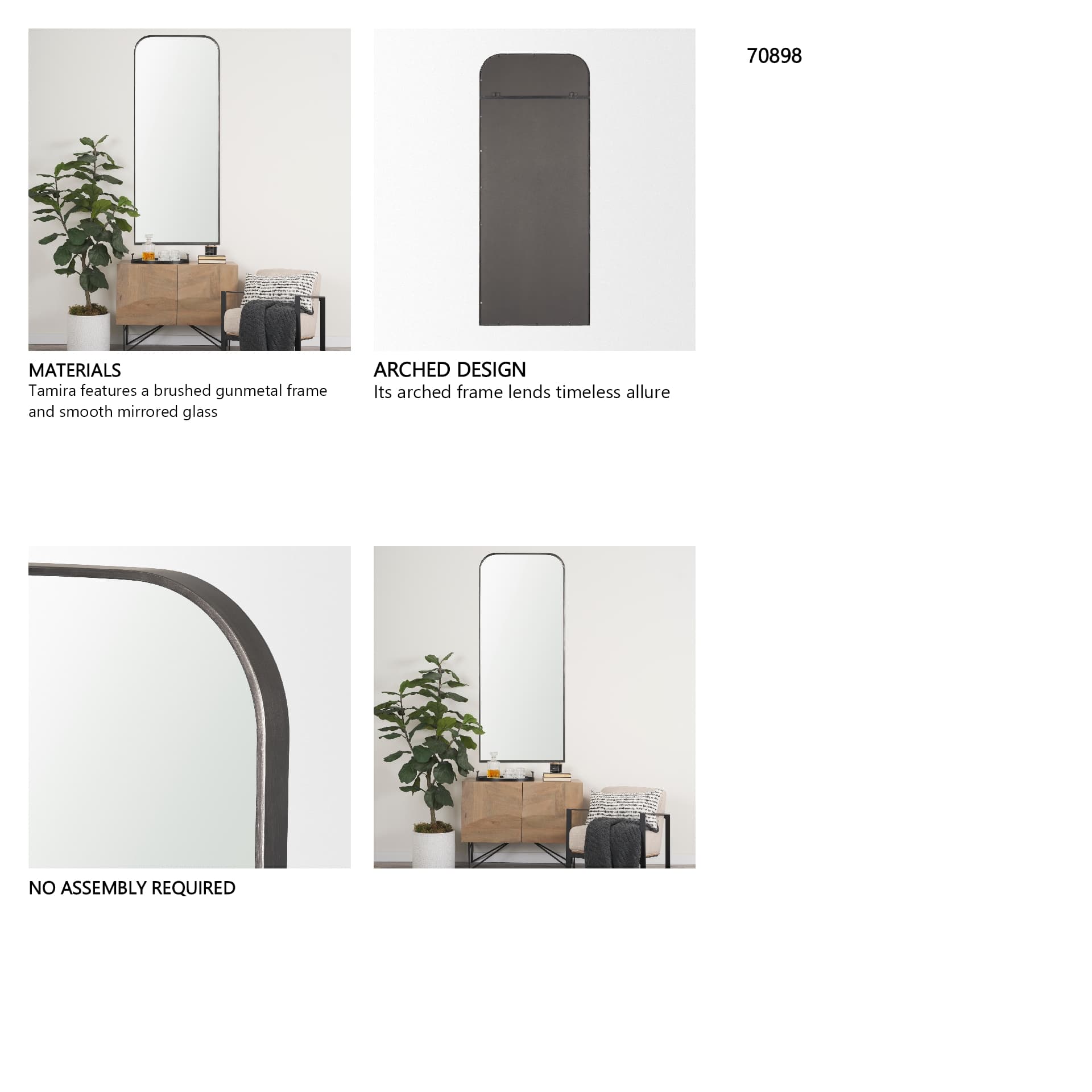 Tamira Tall Brushed Gunmetal Metal Arched Mirror — product photograph