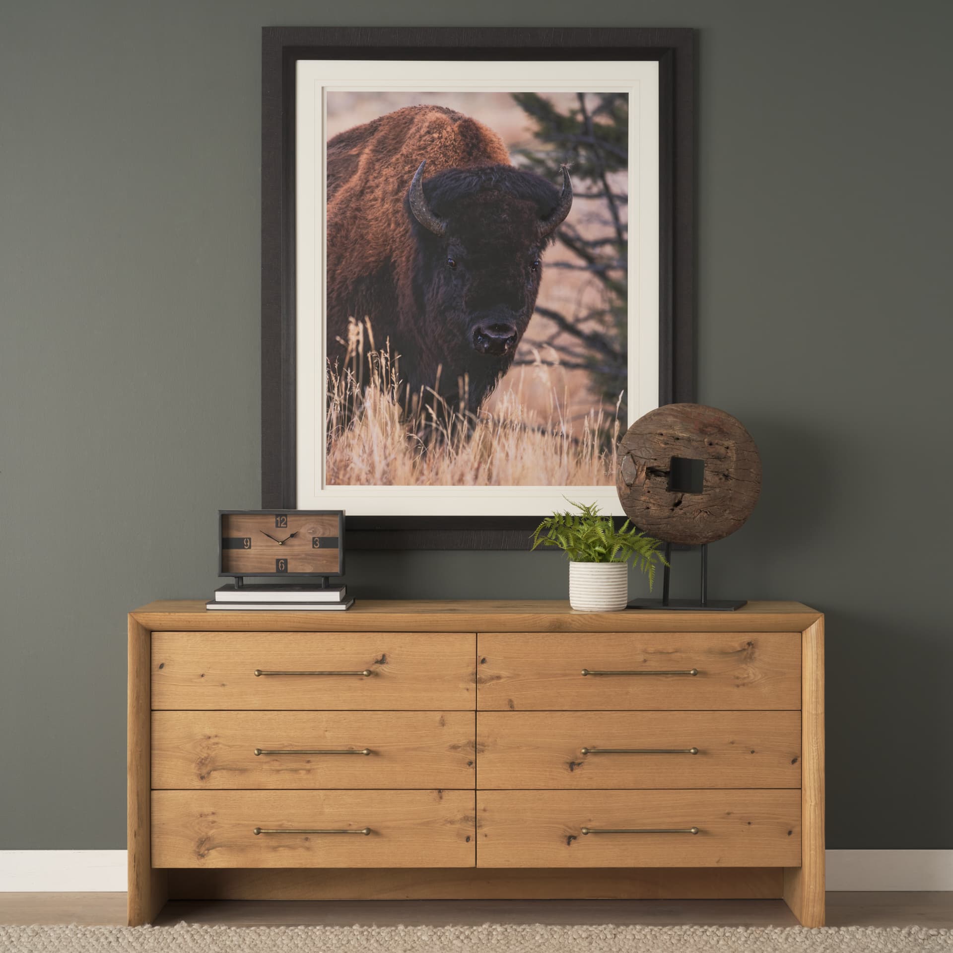 Belford 6-Drawer Light Brown Oak Wood Dresser — in a styled room