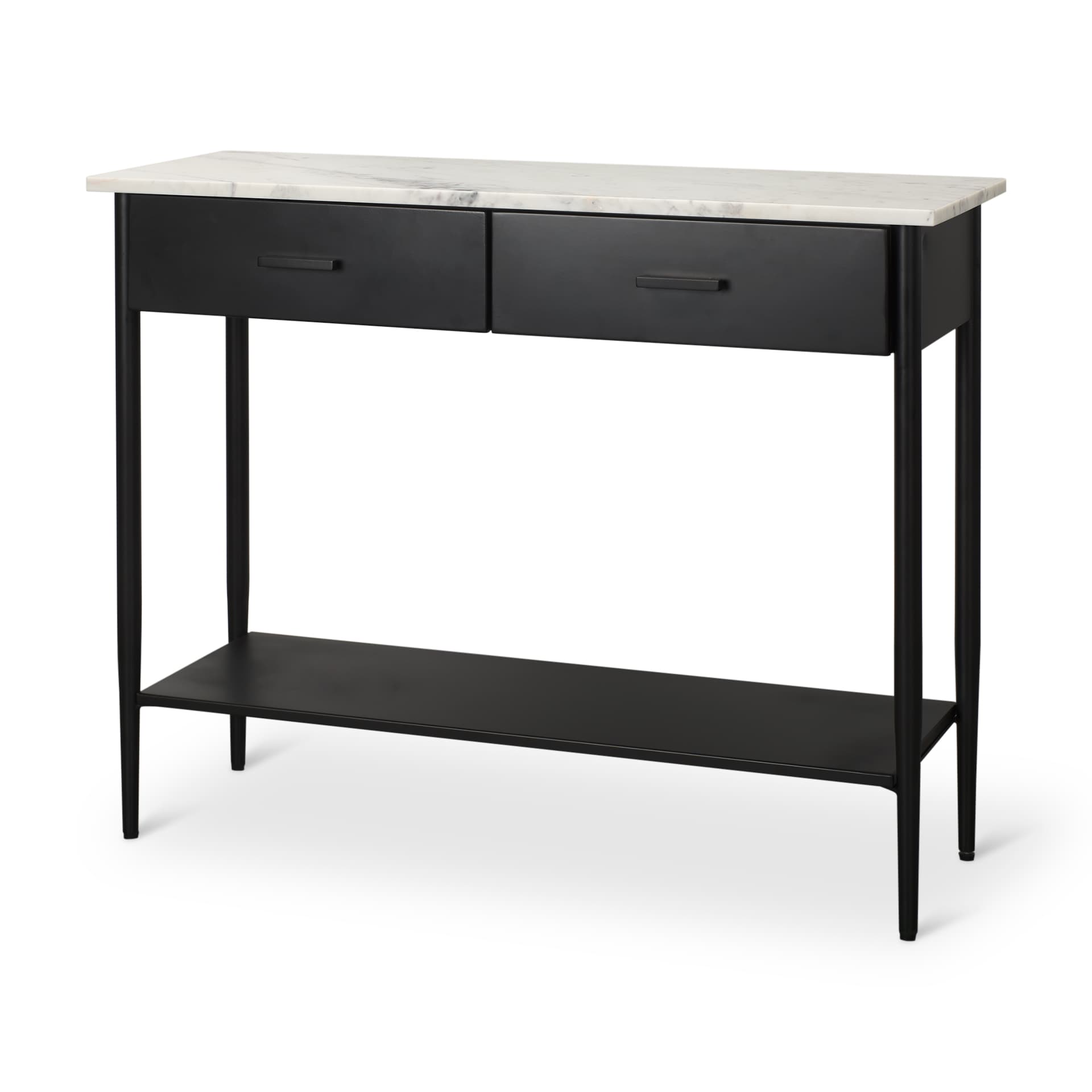 Amika White Marble Top Black Metal Base Console Table — product photograph