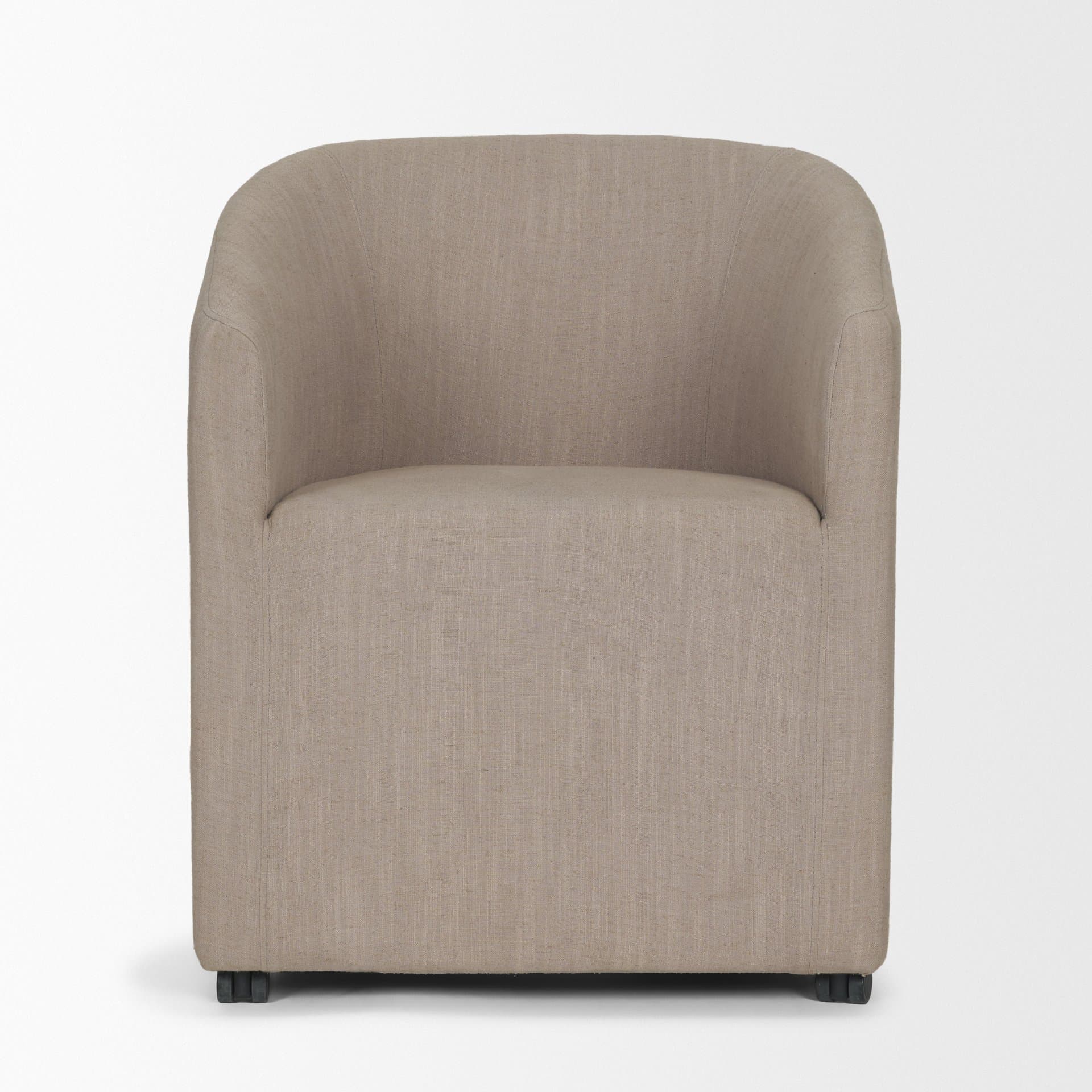Sondra Barrel Back Dining Arm Chair | Gray Fabric w/ Wood — product photograph