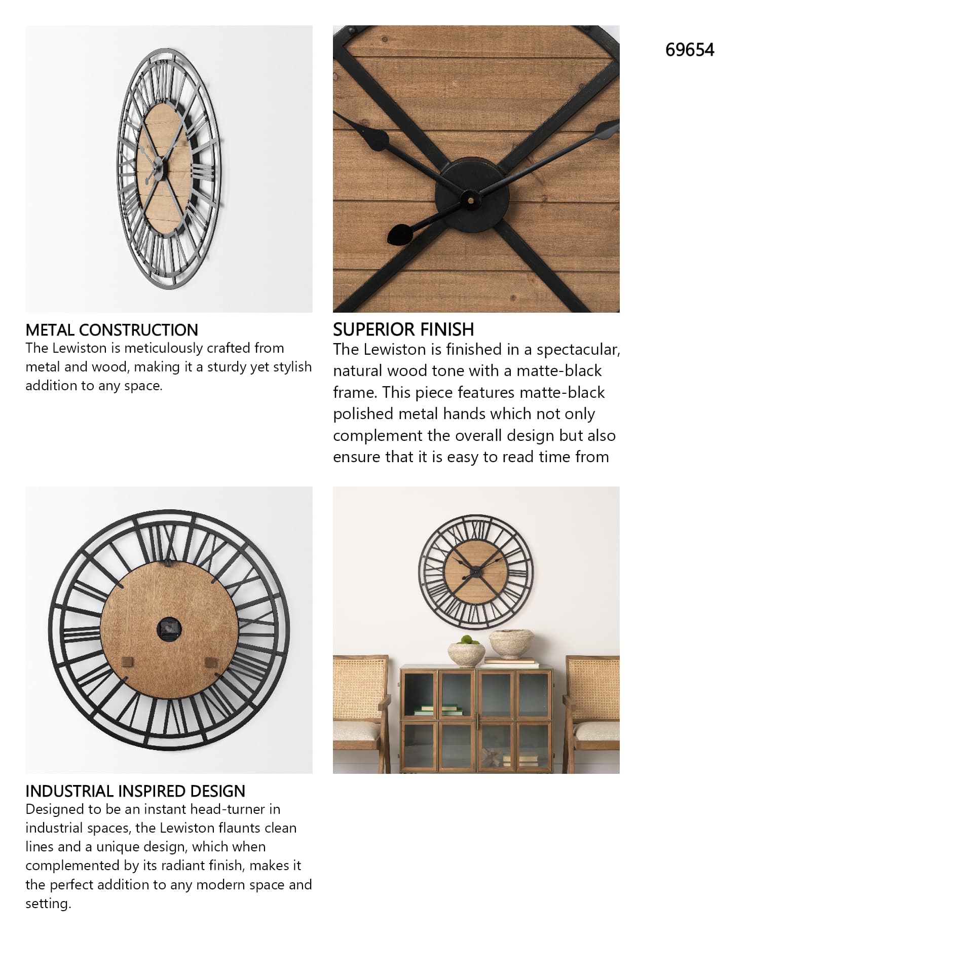 Lewiston 30.1L x 2.0W x 30.1H Black Iron W/Wood Round Wall Clock — in a styled room