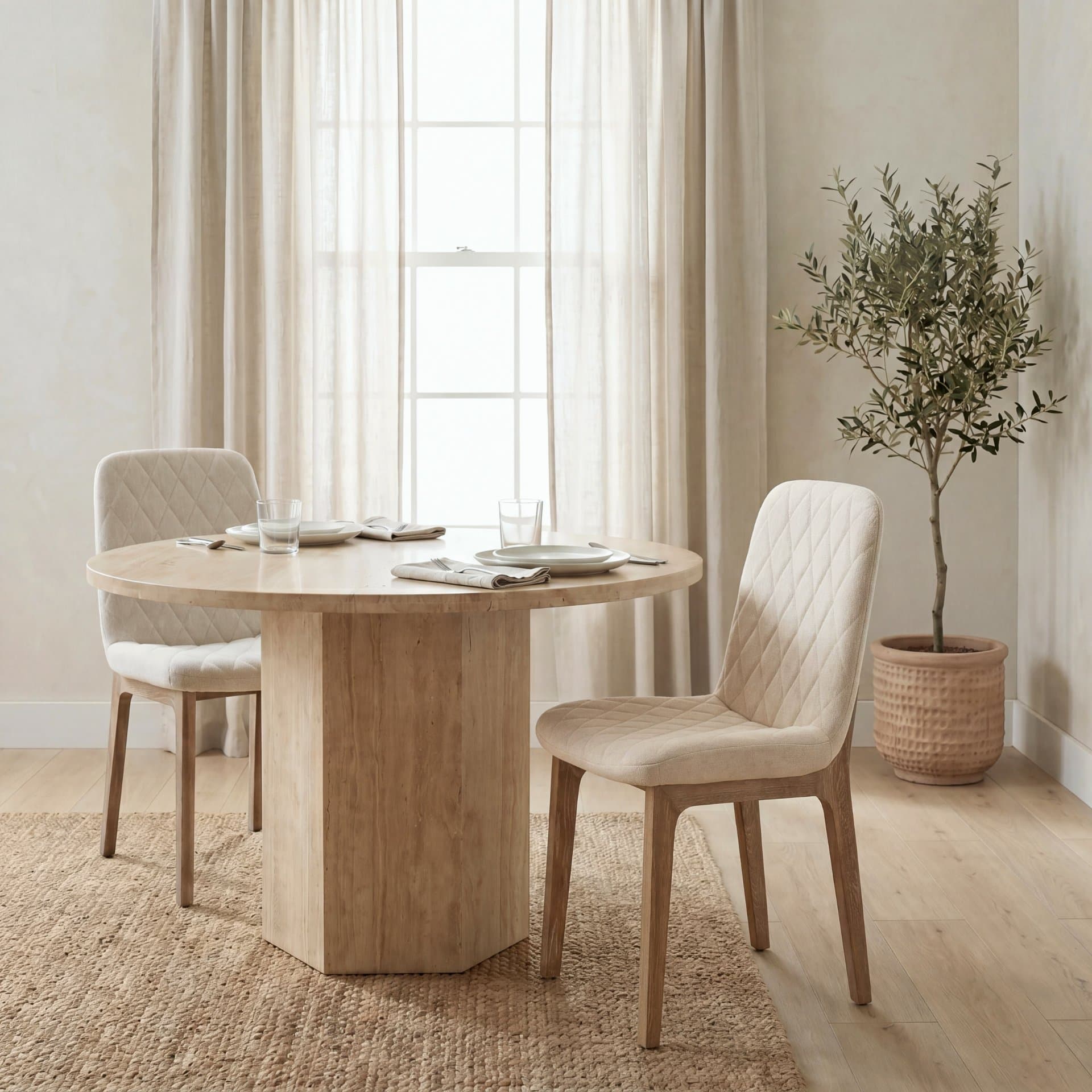 David Solid Back Dining Side Chair | Tuffed Cream Fabric w/ Brown Wood — product photograph