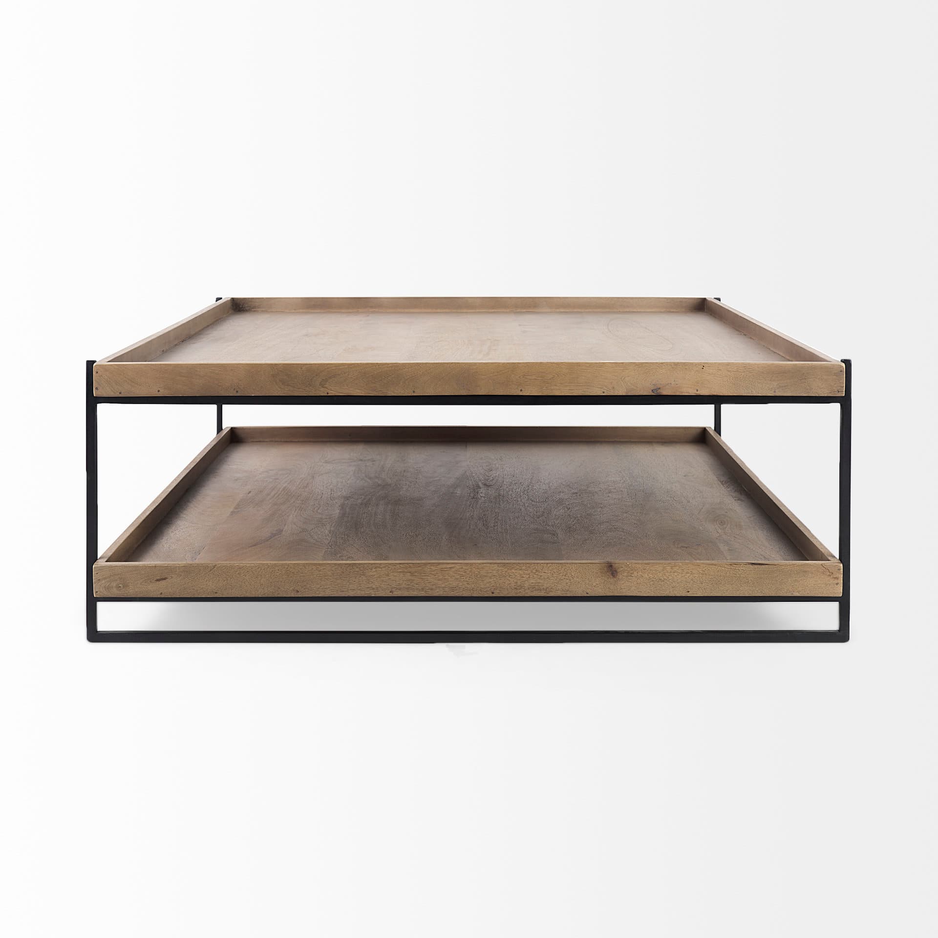 Trey 48x46 Rectangular Brown Solid Wood Top Table Black Metal Frame Two-Tier Coffee Table — product photograph