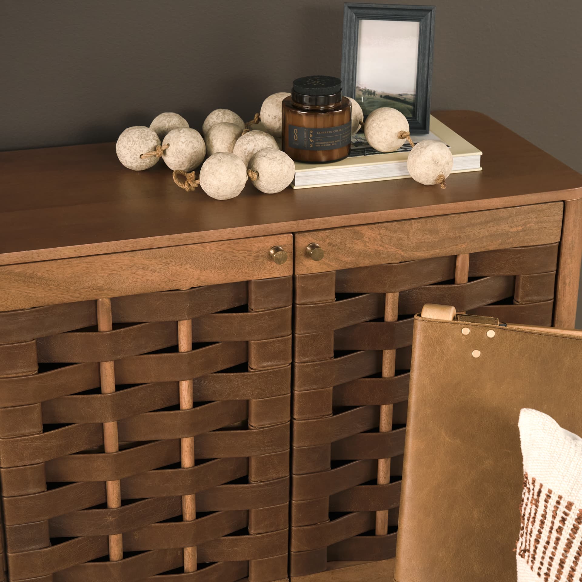 Wexlan Solid Wood w/ Leather Weave 4 Door Closed Sideboard — product photograph