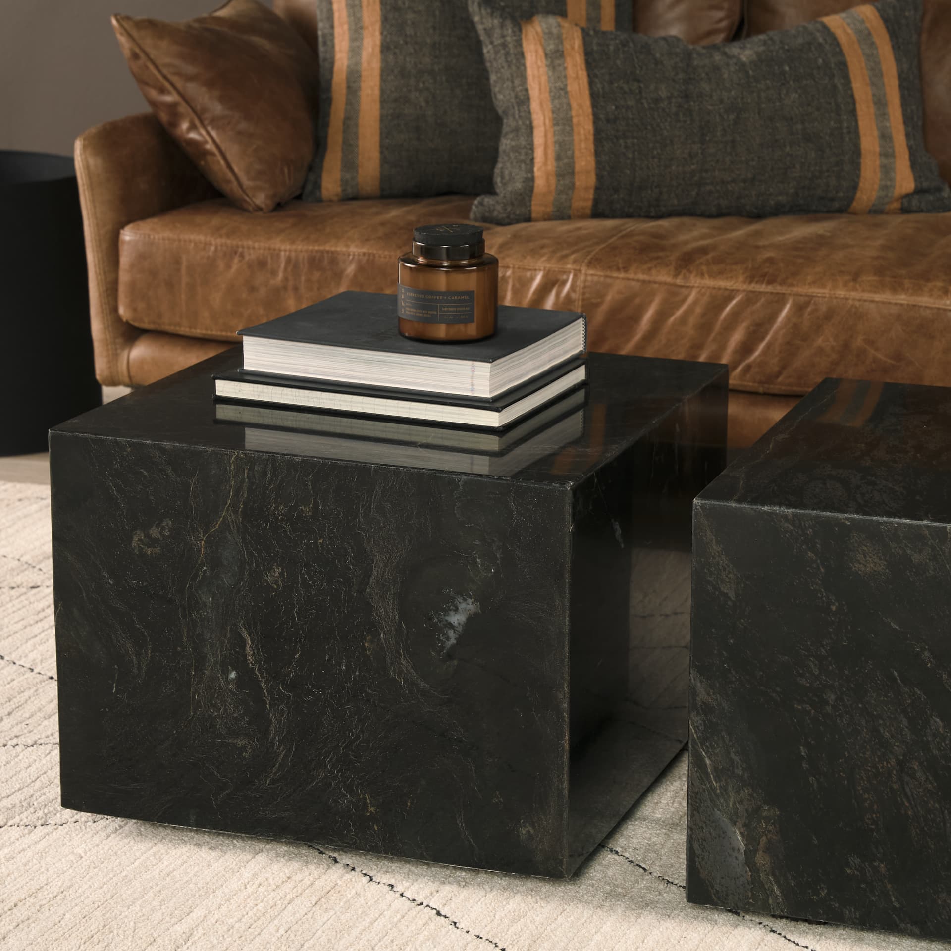 Quadra 20" Solid Black Marble Square Coffee Table — in a styled room