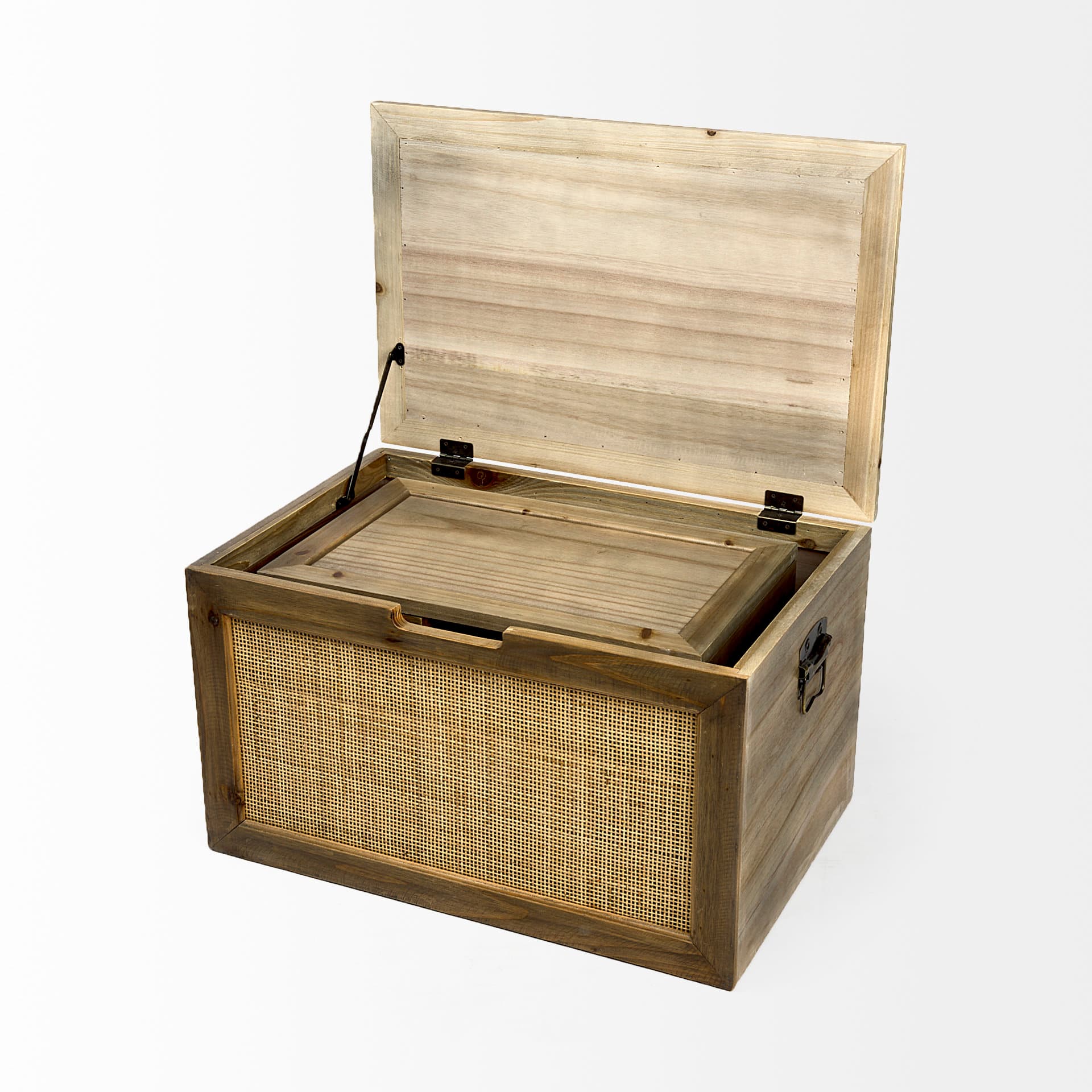 Sonny 23.6L x 15.7W x 13.8H Set of Two Brown Wood and Wicker W/ Metal Detail Rectangular Boxes — product photograph