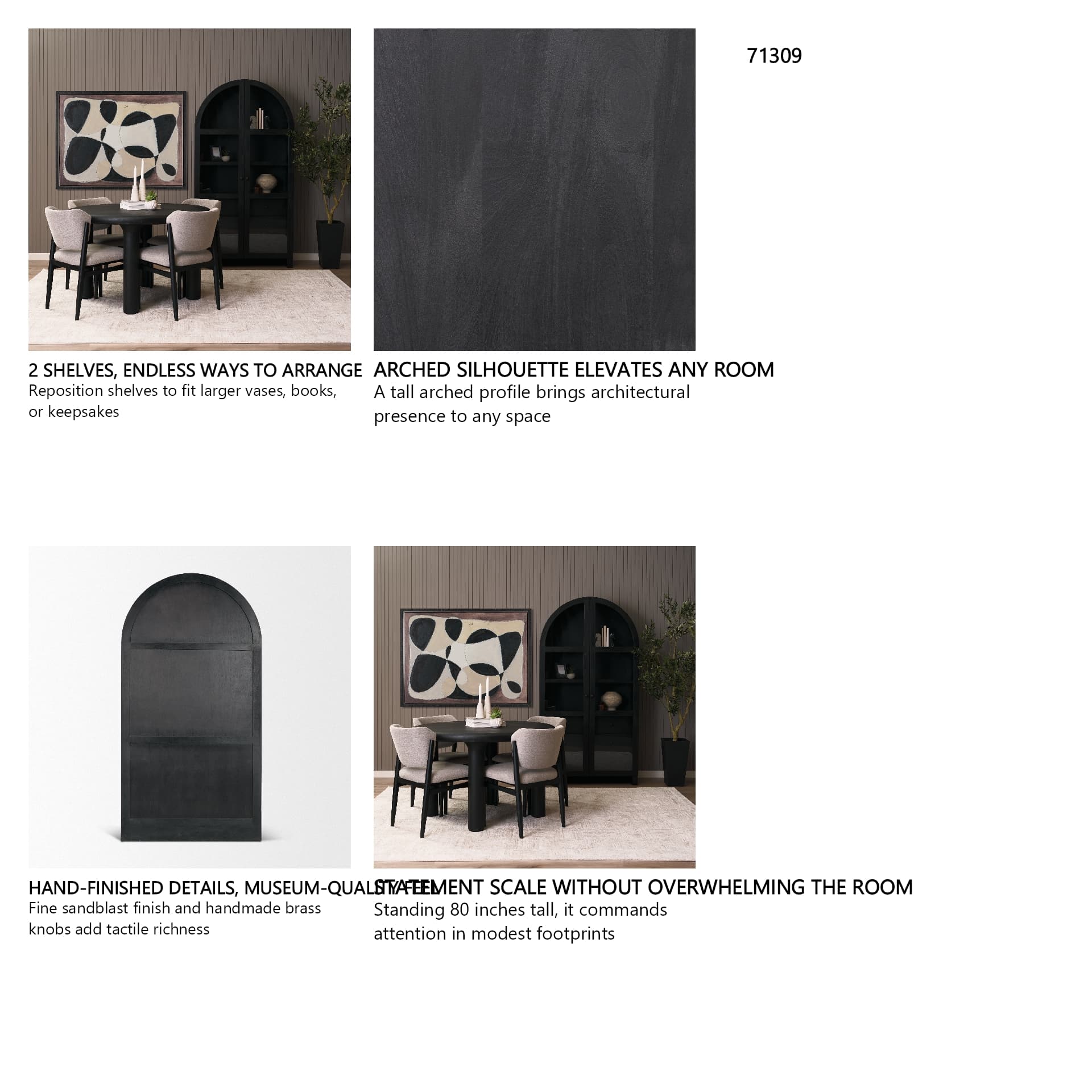 Suri Black Wood W/Glass Doors Arched Curio Cabinet — in a styled room