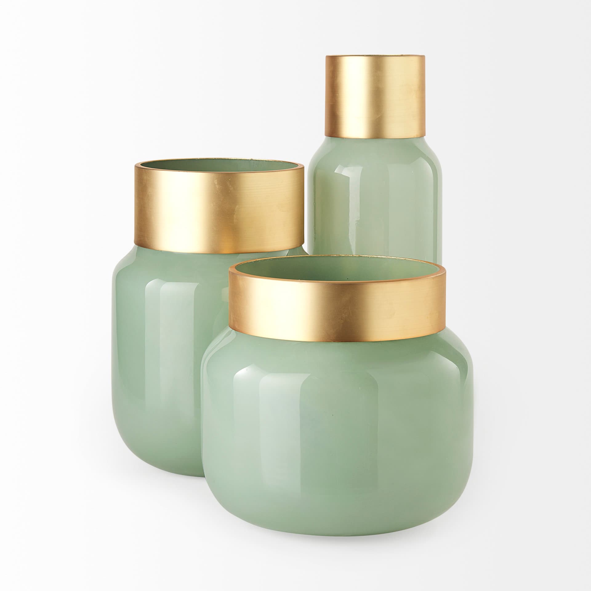 Minty 5.7L x 5.7W x 16.8H Green Glass Vase W/Matte Gold Metal Neck Cuff — product photograph