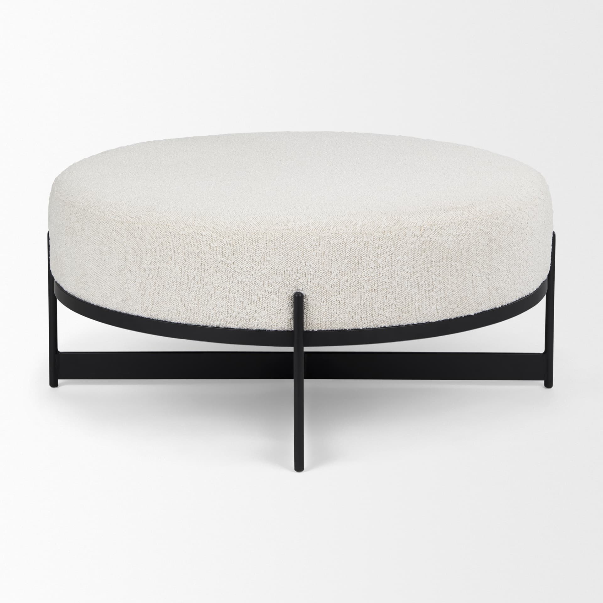 Amelia 35.8L x 35.8W x 17.5H Cream Boucle W/Black Metal Upholstered Ottoman — product photograph