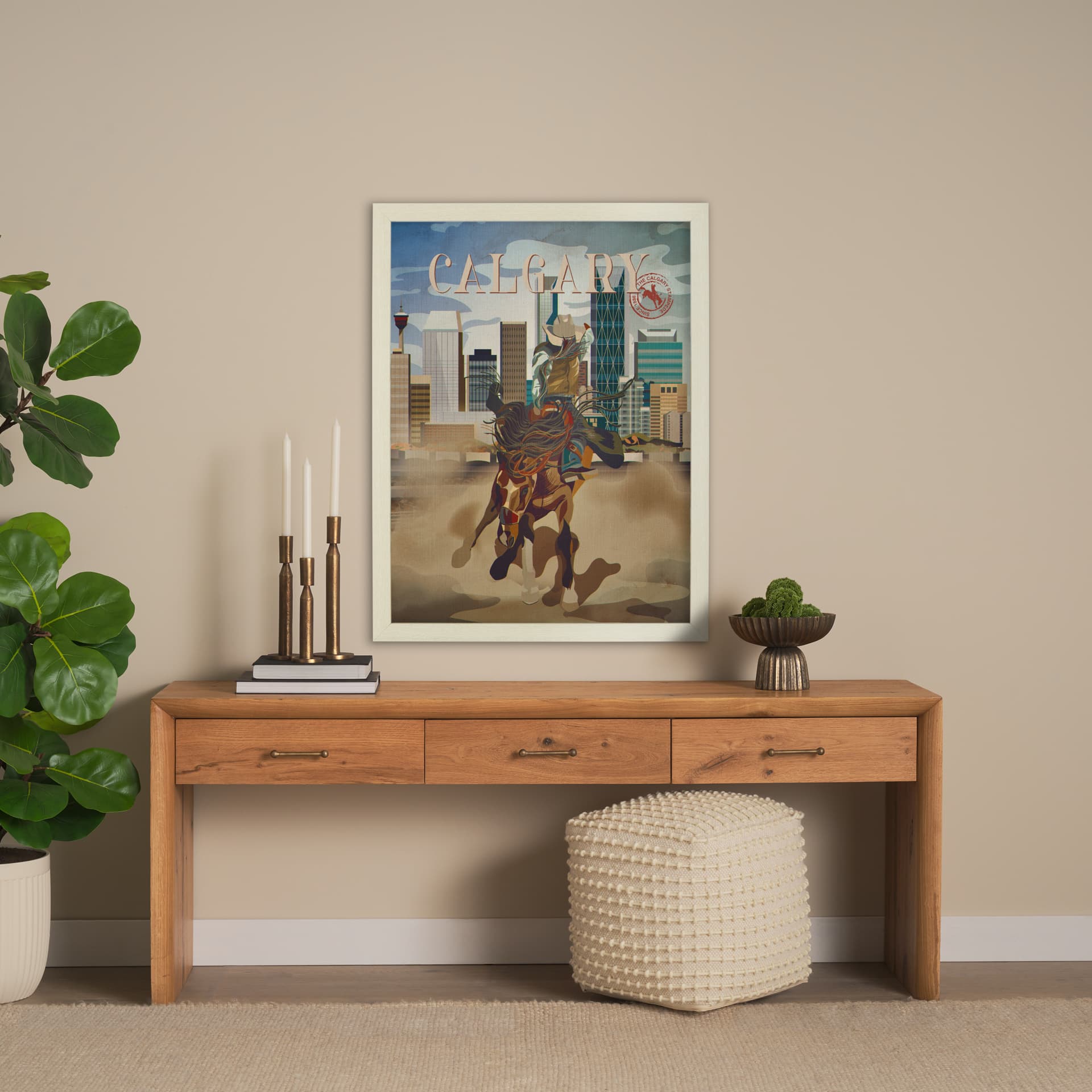 Calgary Go Canada (L) by Mercana Studio a Hand Embellished Decograph Framed Art Print — in a styled room
