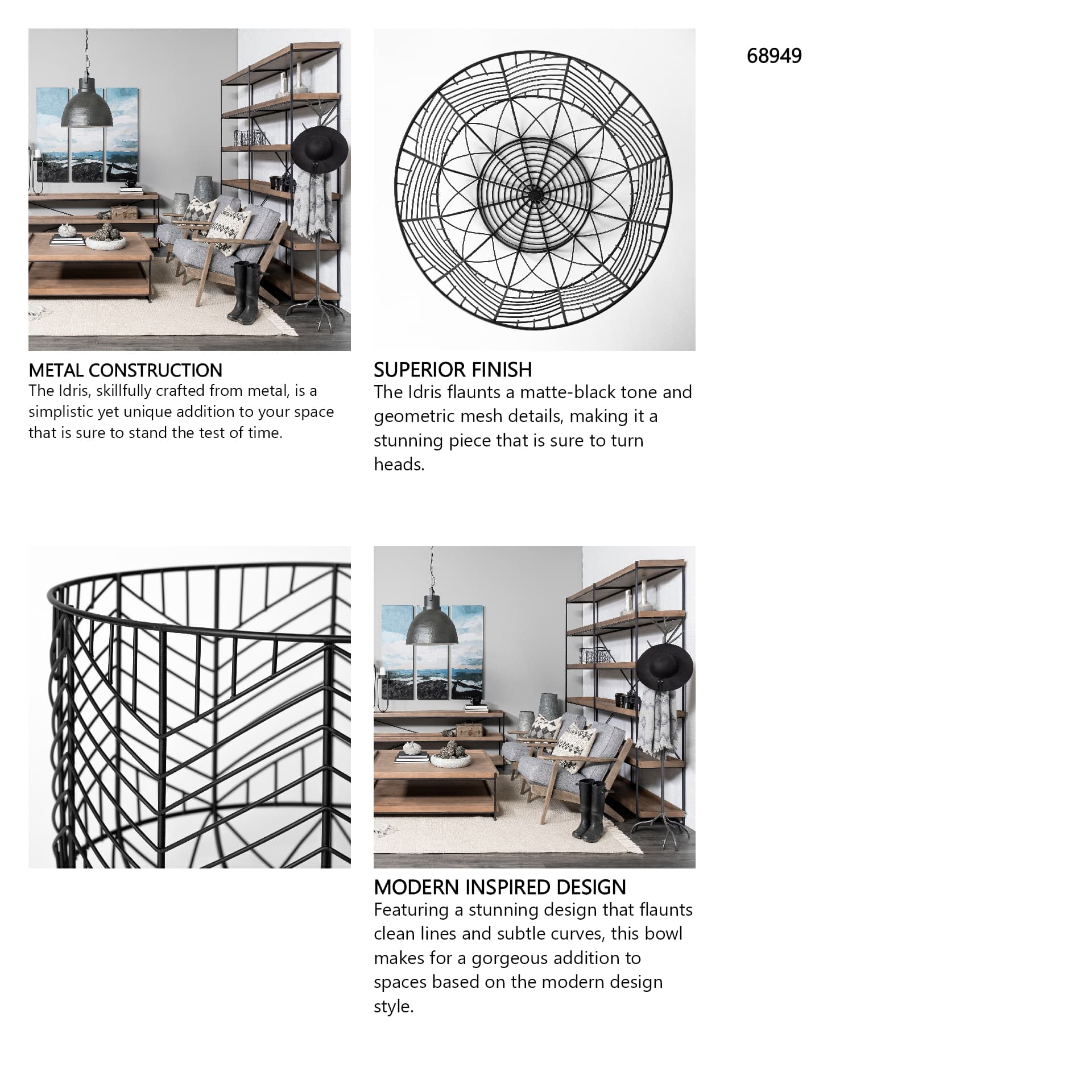 Idris Set of 2 Black Metal Geometric Mesh Bowls — in a styled room
