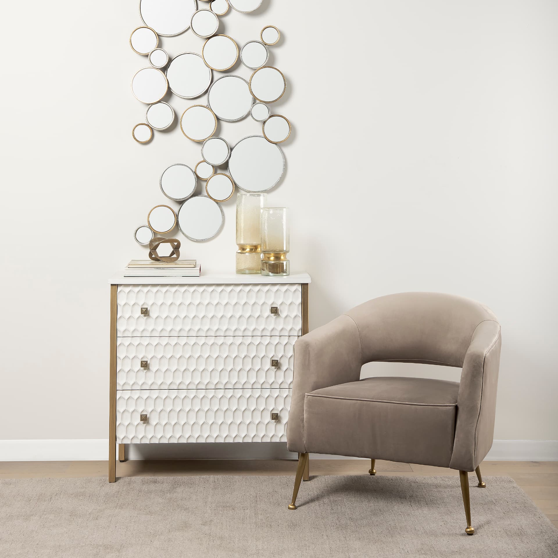 Savannah White Fir Veneer w/ Gold Metal 3-Drawer Accent Cabinet — in a styled room