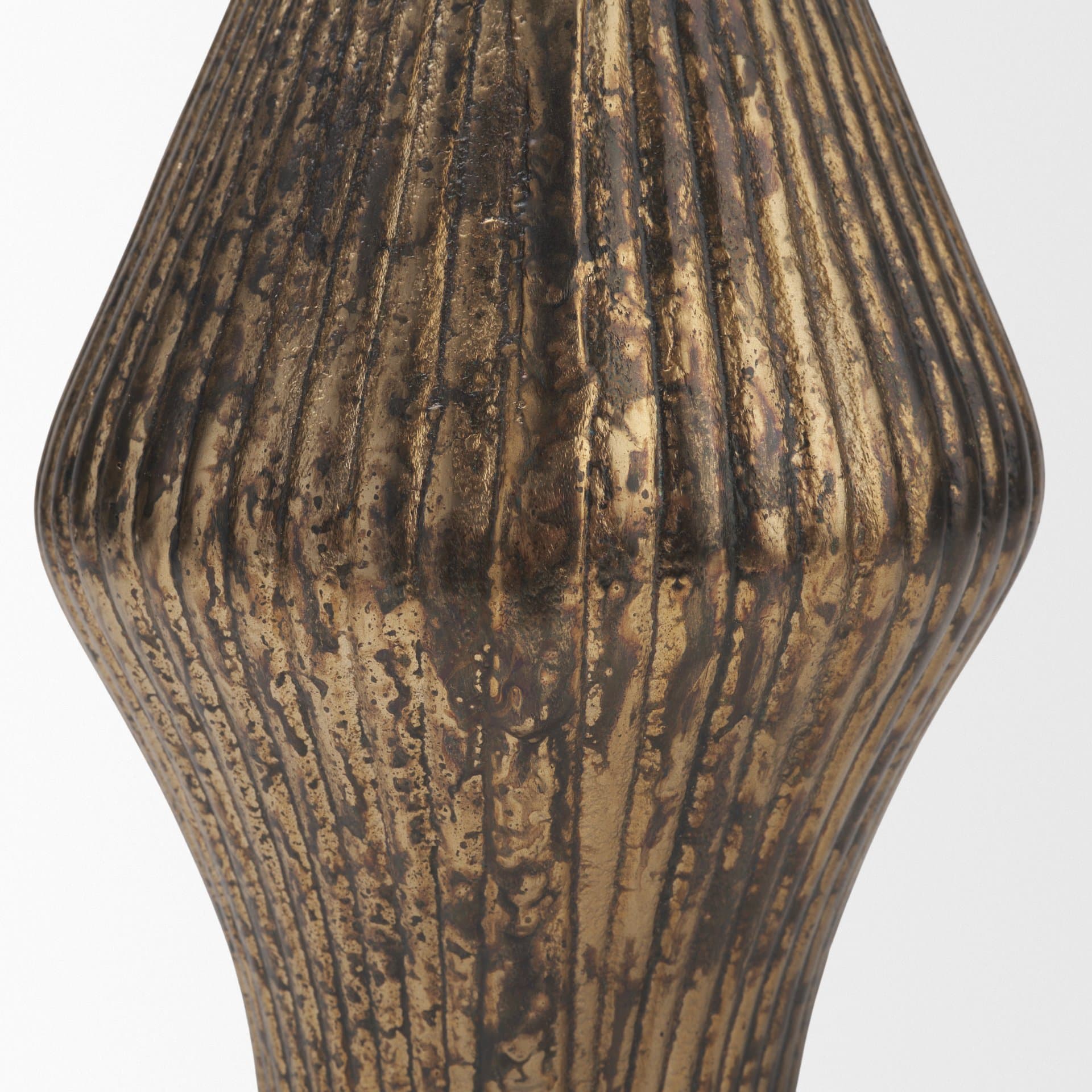 Patine Antiqued Brass Metal Fluted Hourglass Decorative Vase — product photograph