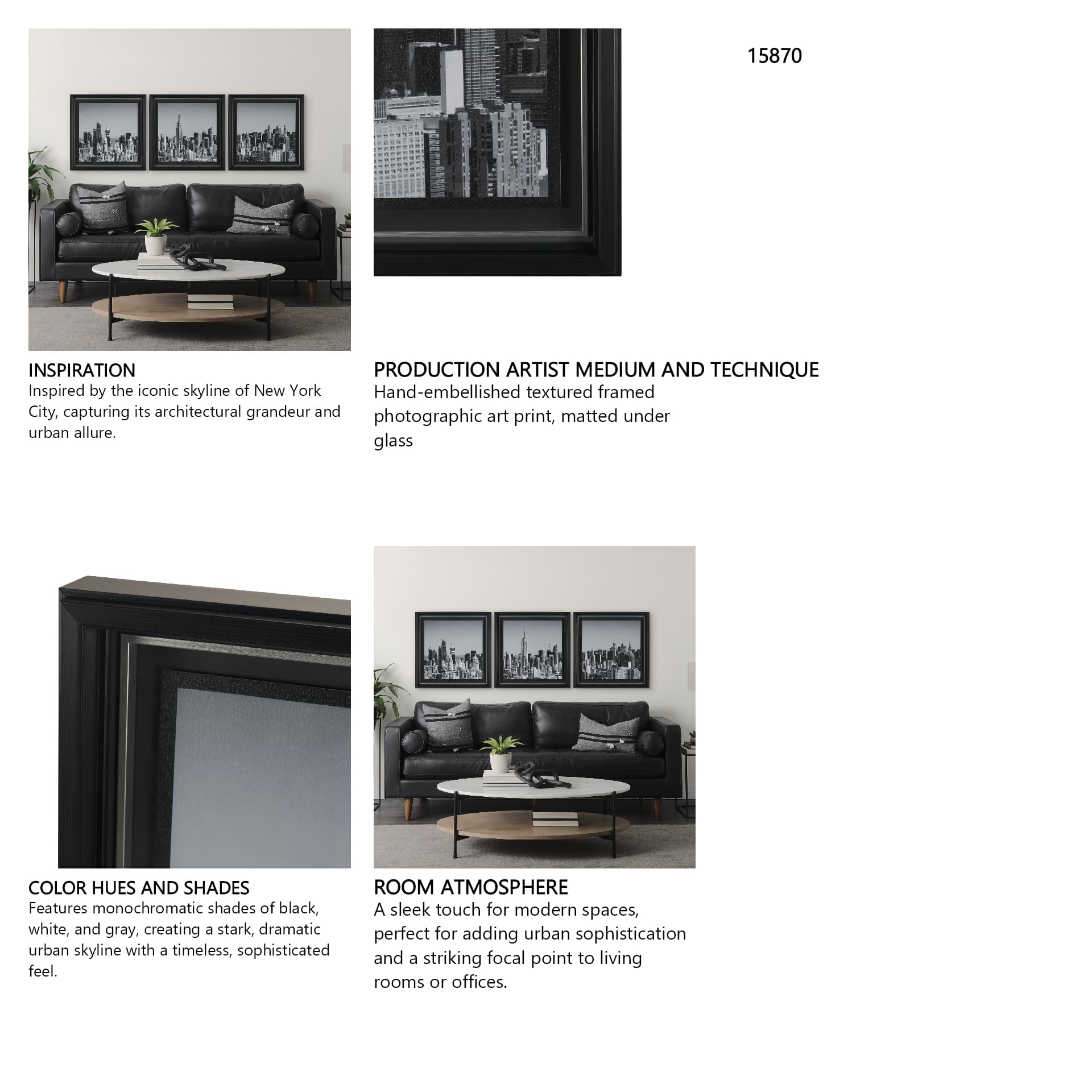 Midtown Manhattan Skyline (Set of 3) by Richard Silver Textured Framed Art Print Matted under Glass — in a styled room
