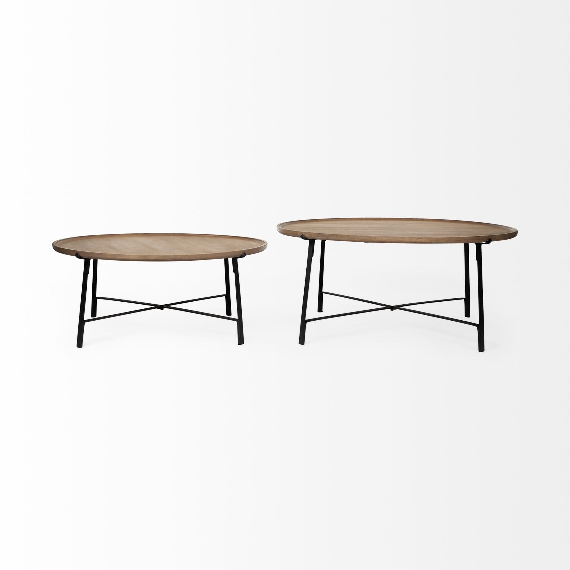 Helios (Set of 2) Brown Solid Wood Top Black Metal Base Nesting Coffee Tables — product photograph