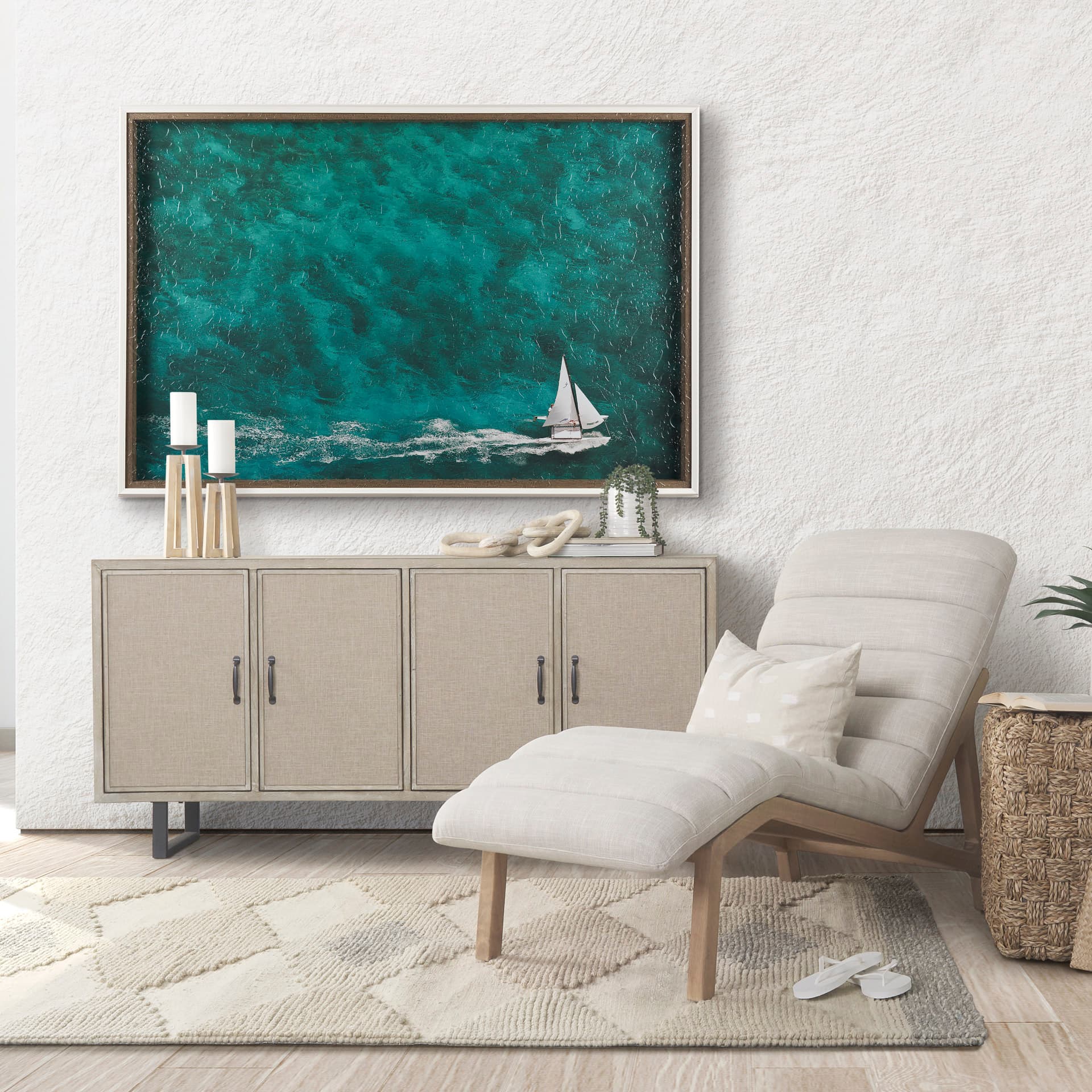 Hobie Sailing by Mercana Studio a Hand Embellished Textured Framed Photo Art Print Matted under Glas — in a styled room