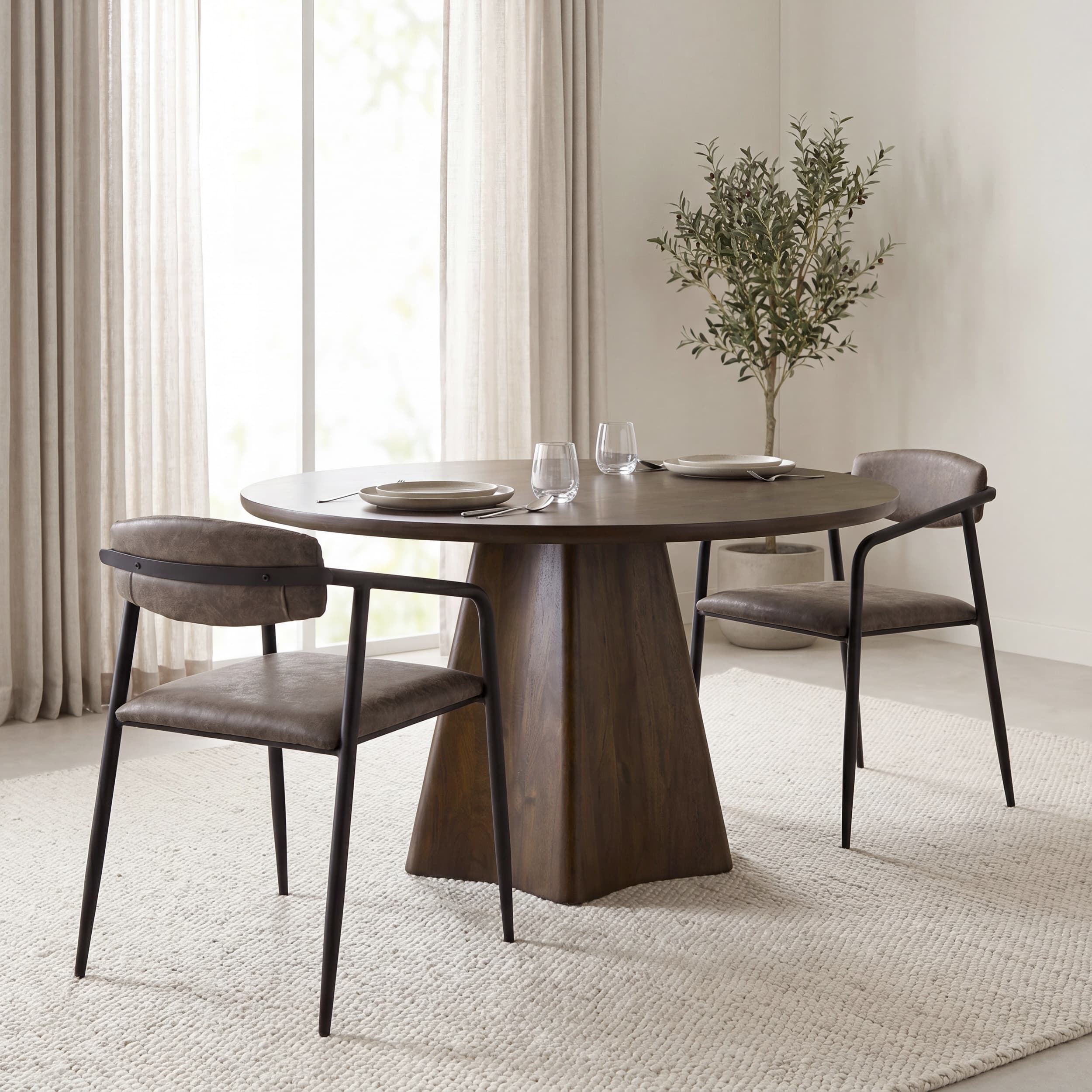 Langston Open Back Dining Arm Chair | Brown Faux Leather w/ Black Iron — product photograph