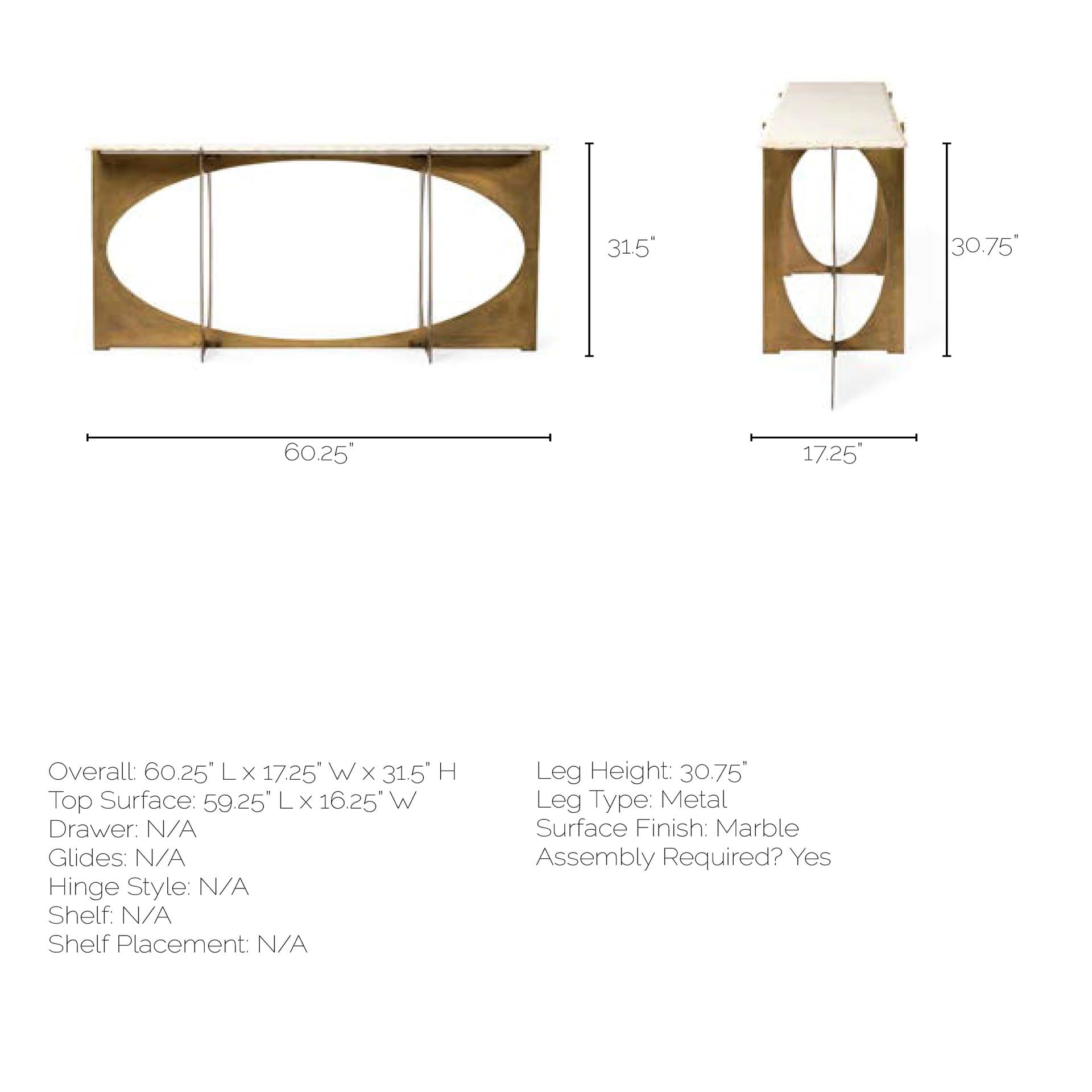 Reinhold IV 59L x 16W White Marble Top Gold Metal Base Console Table — product photograph
