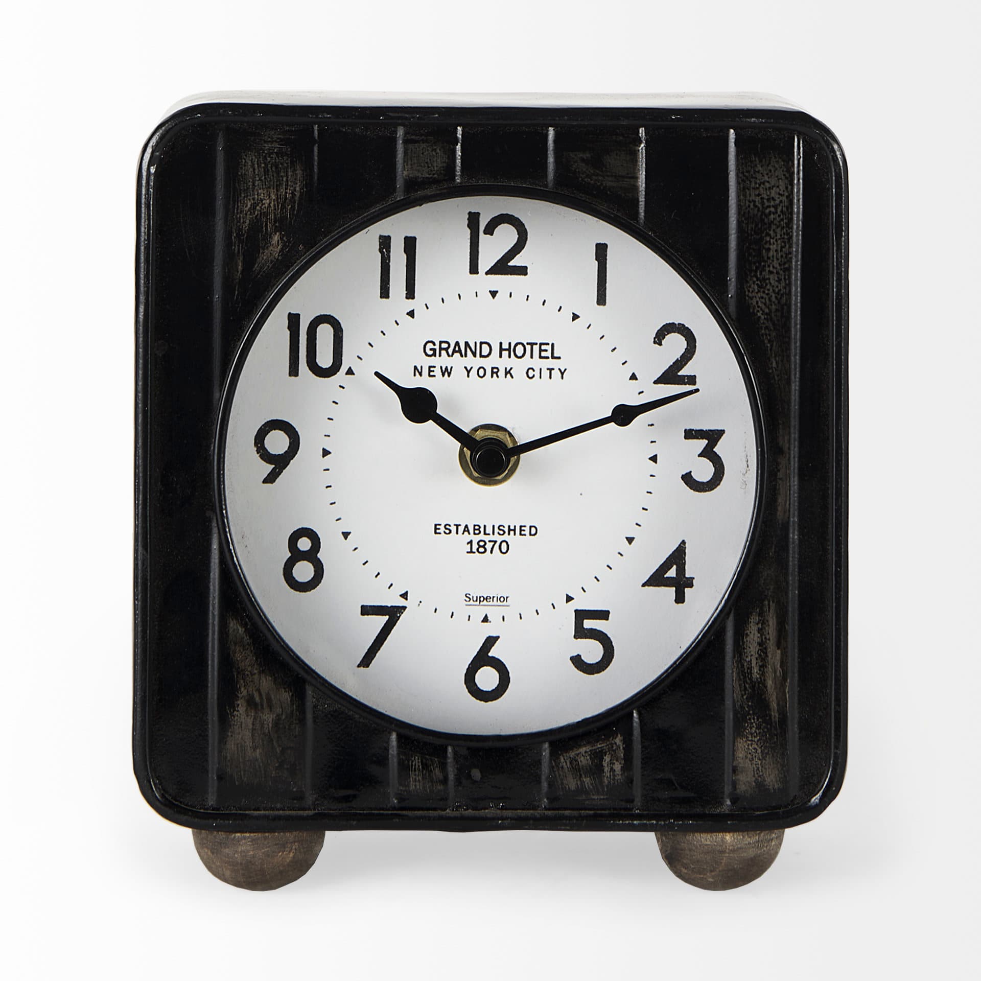 Karl 6.0L x 3.0W x 6.8H Rustic Black Iron Rounded Square Table Clock — product photograph
