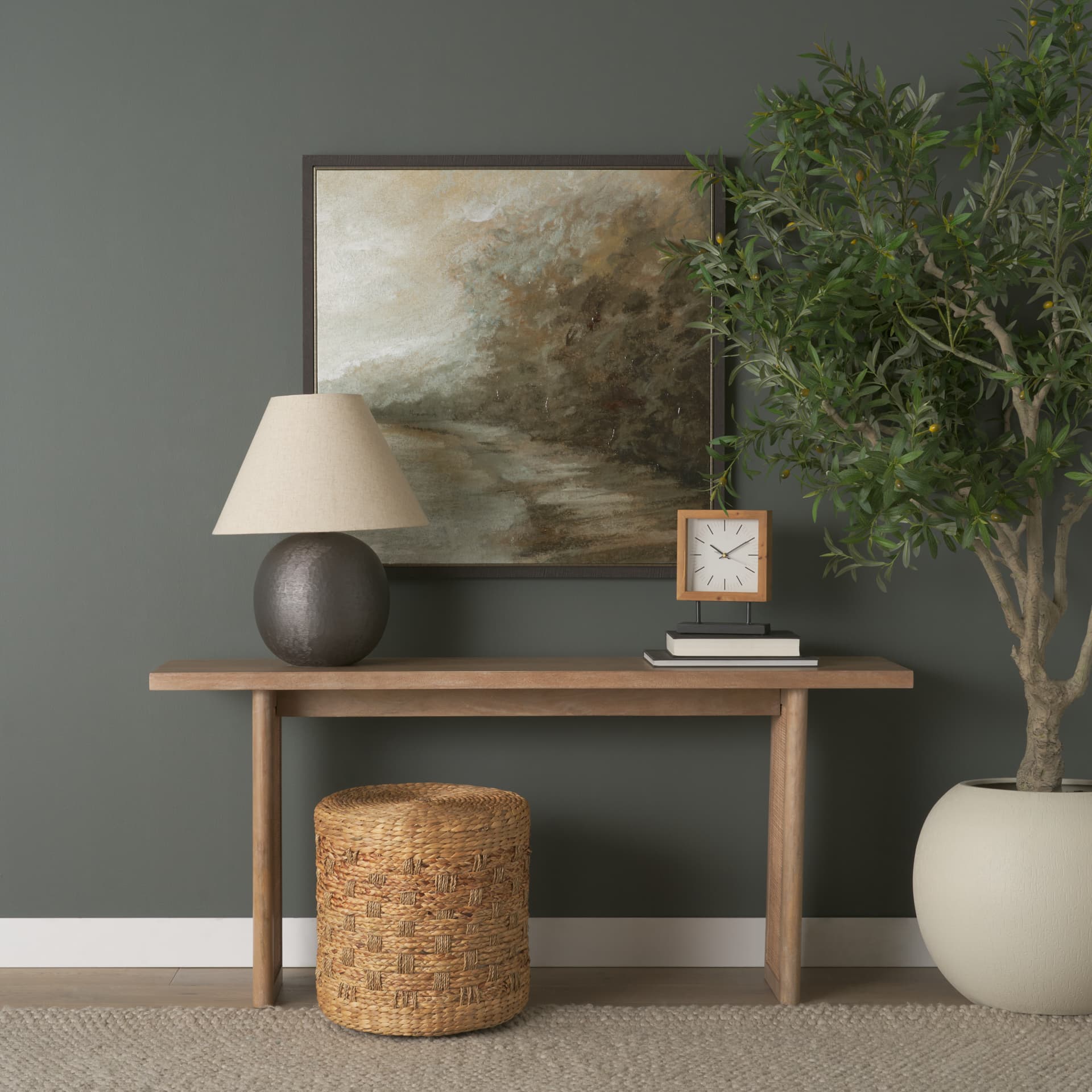 Renaya Light Brown Wood w/ Matte Black Metal Base Table Clock — product photograph