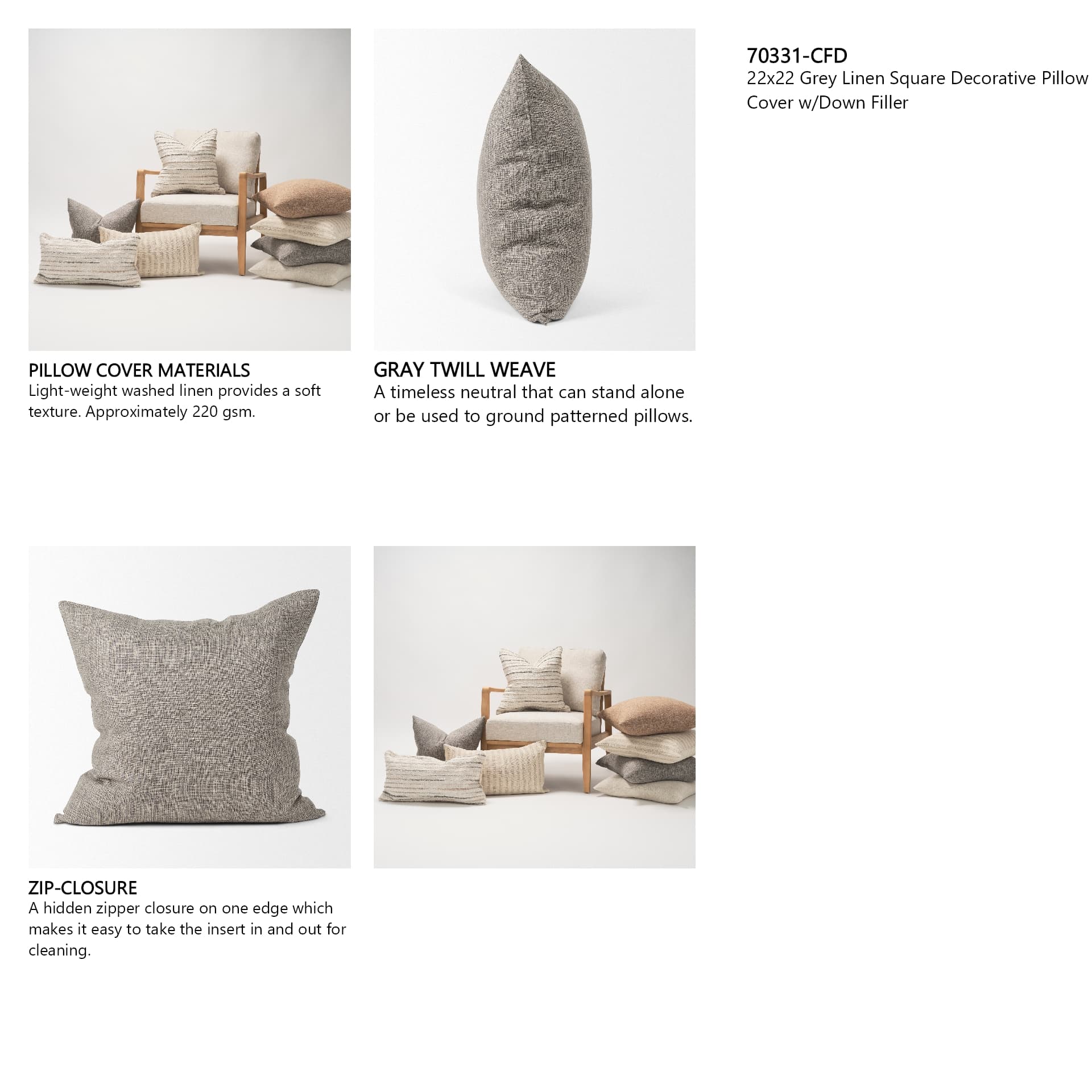 Jacklyn 22x22 Grey Linen Square Decorative Pillow Cover w/Down Filler — in a styled room