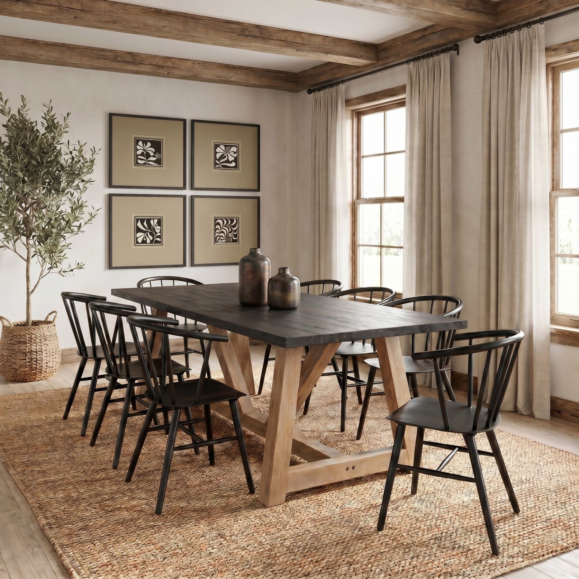 Rialto 96"L x 42"W Trestle Dining Table | Modern | Black-Brown Wood & Light Brown Wood | Seats 8 — product photograph