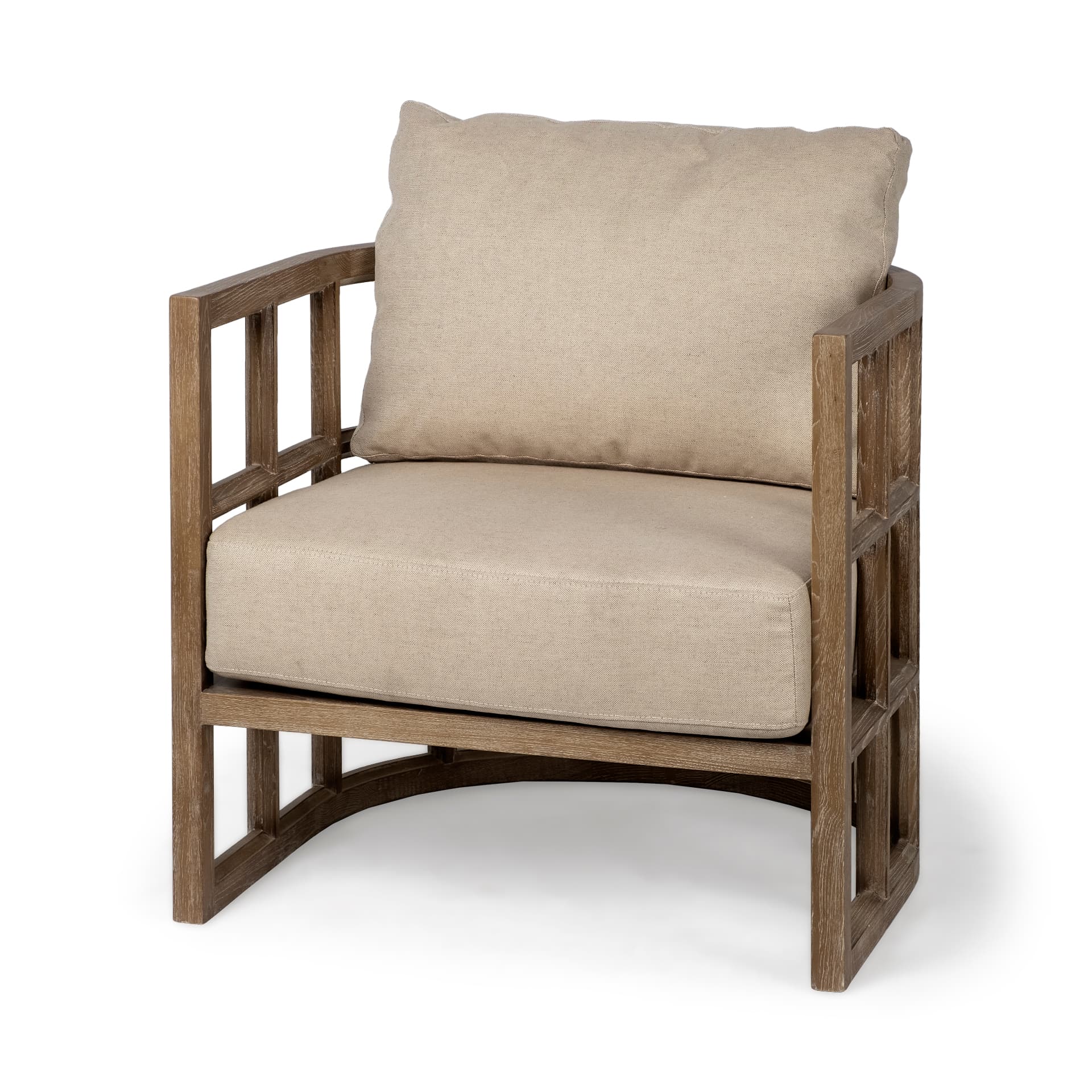 Skylar II Tan Fabric Covered Cushioned Demi-Lune Wooden Frame Accent Chair — product photograph