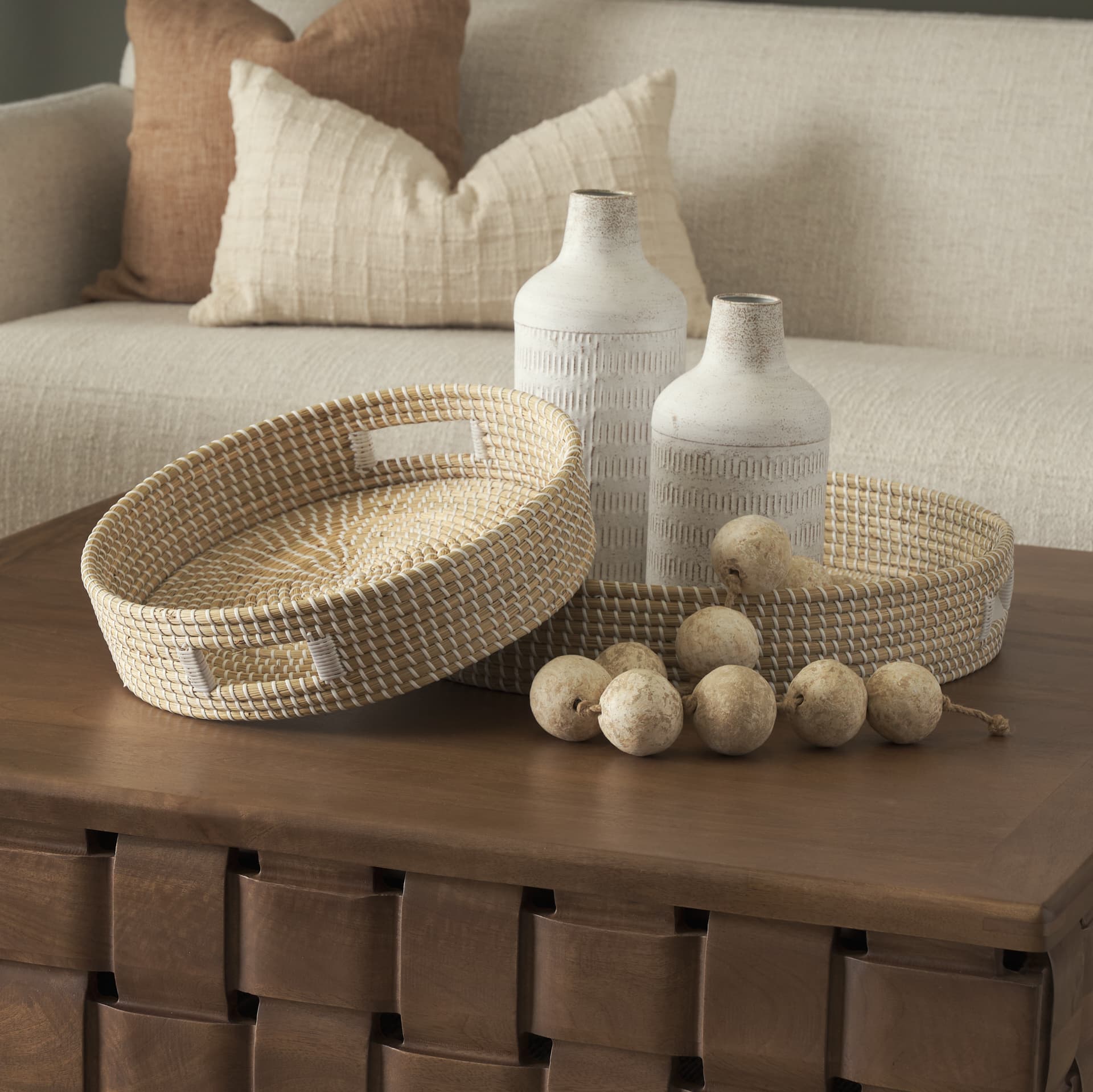 Kalama Set of 2 Large Round Seagrass Trays w/ Handles — product photograph