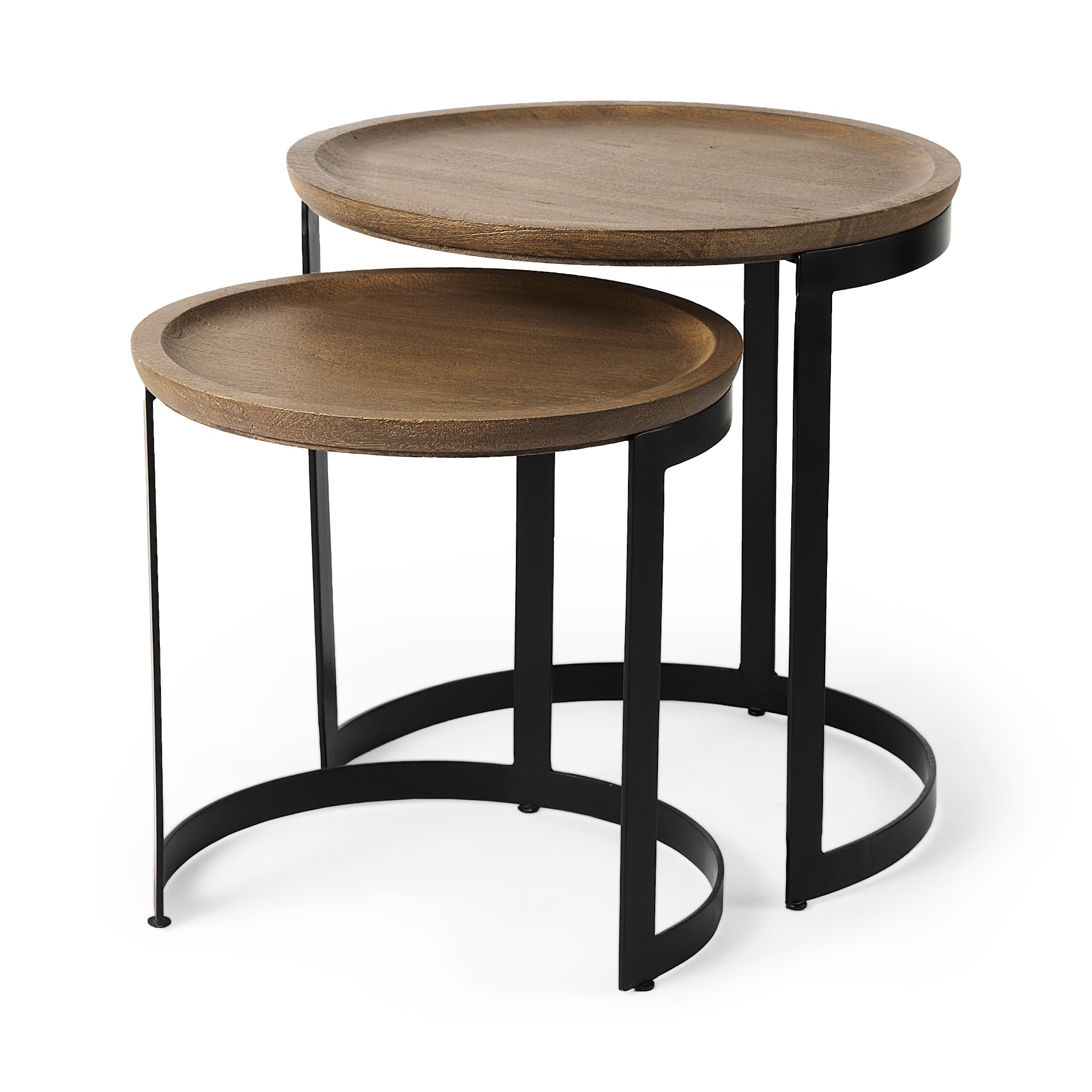 Aisley (Set of 2) 19.3L x 19.3W x 19H Light Brown Wood W/ Black Metal Base Round Nesting Side Tables — product photograph
