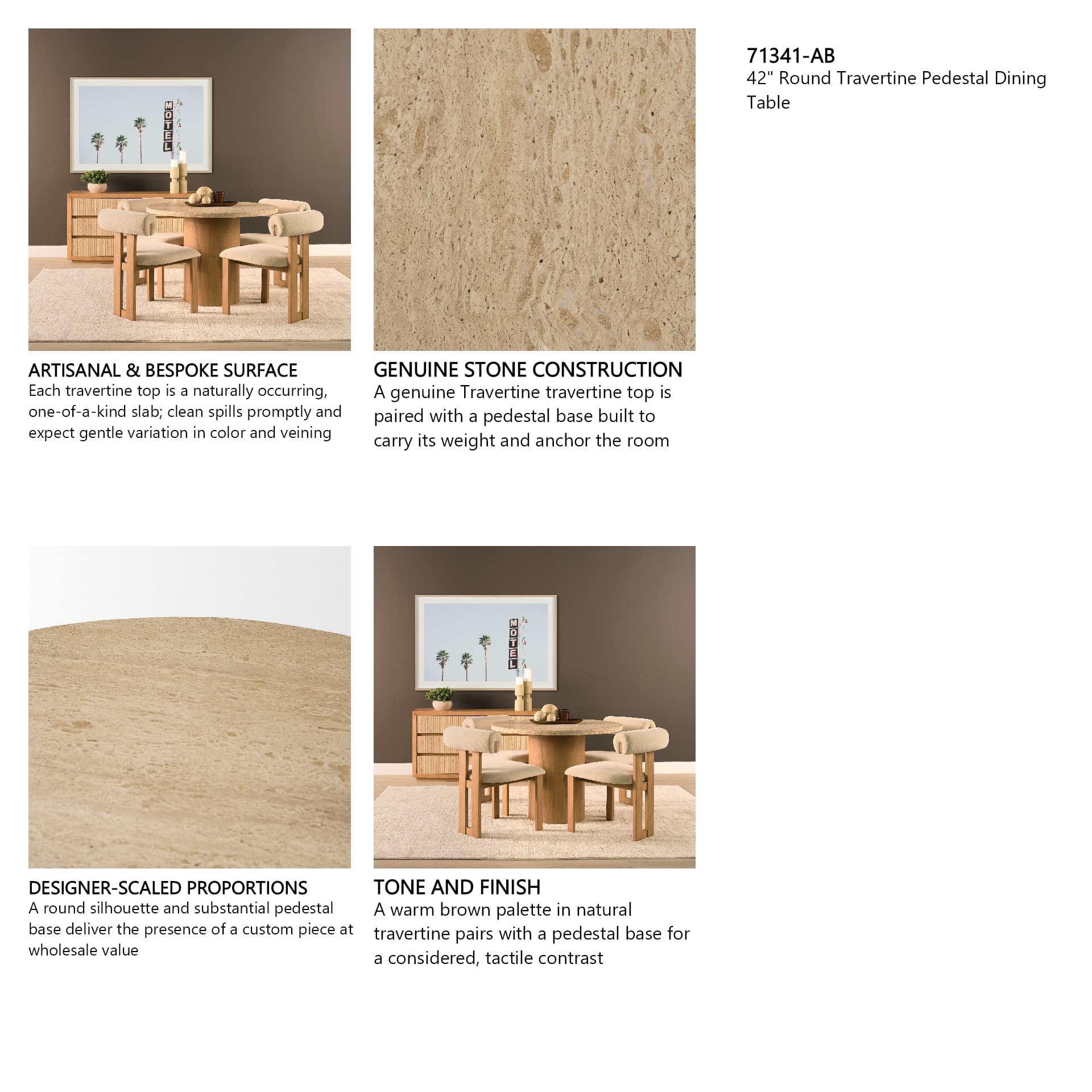 Siena 42" Round Pedestal Dining Table | Travertine | Seats 4 — product photograph