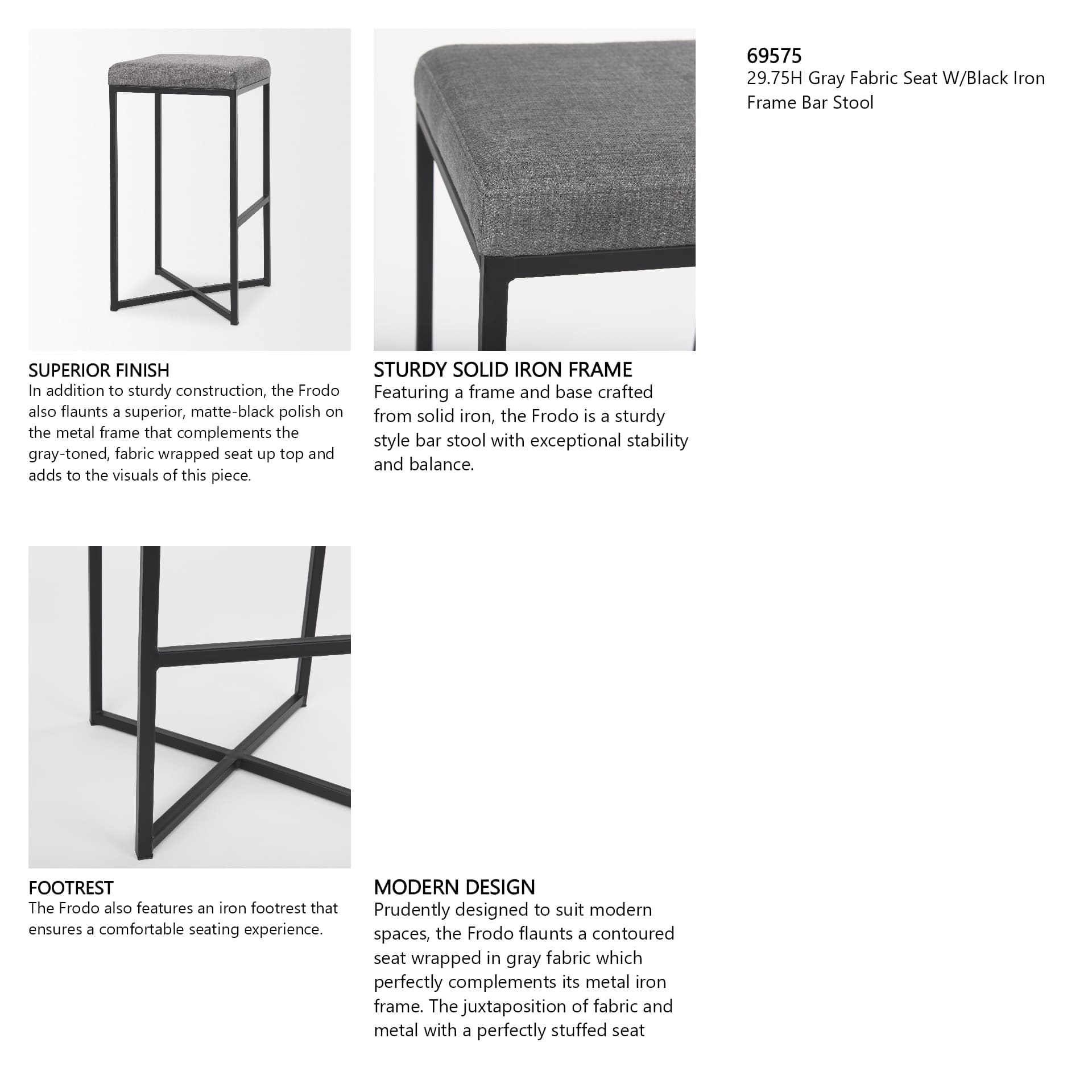 Frodo Backless 29.75in Seat Bar Stool | Gray Fabric w/ Black Iron — product photograph