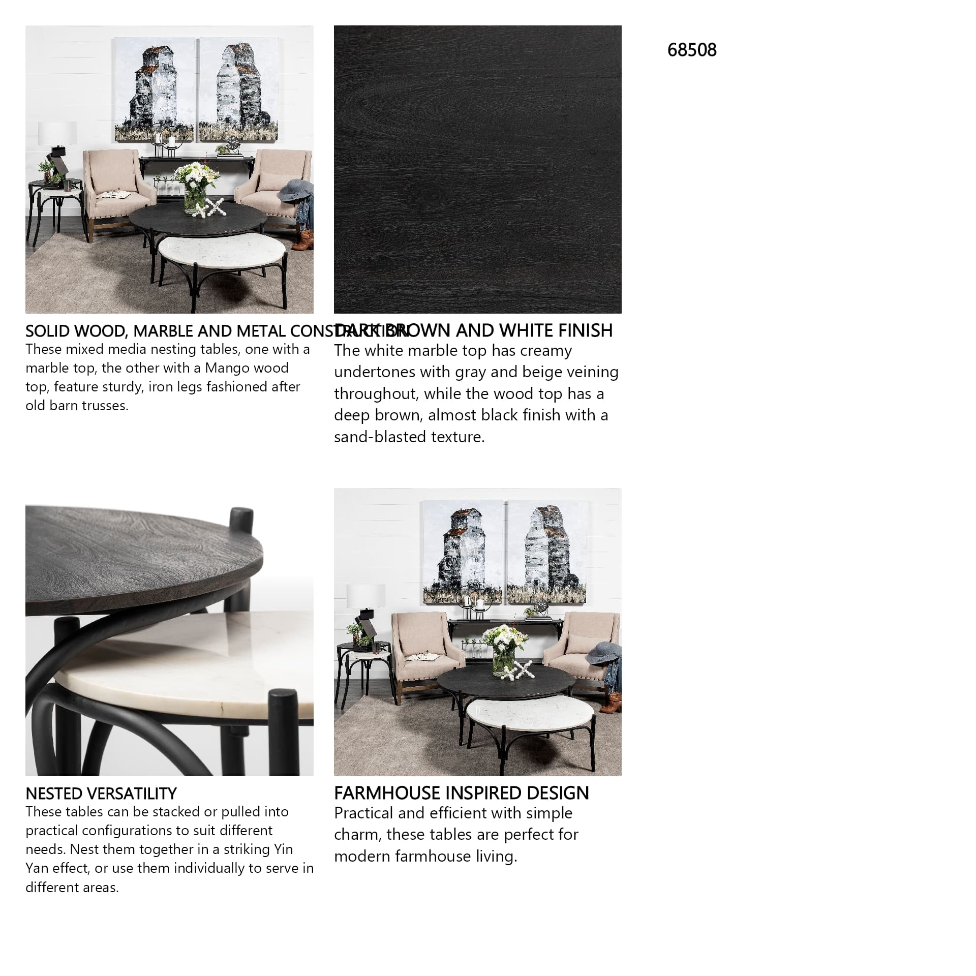 Etienne VII 24" Set of Two Round Top Black Wood and Marble Top Nesting Table — in a styled room