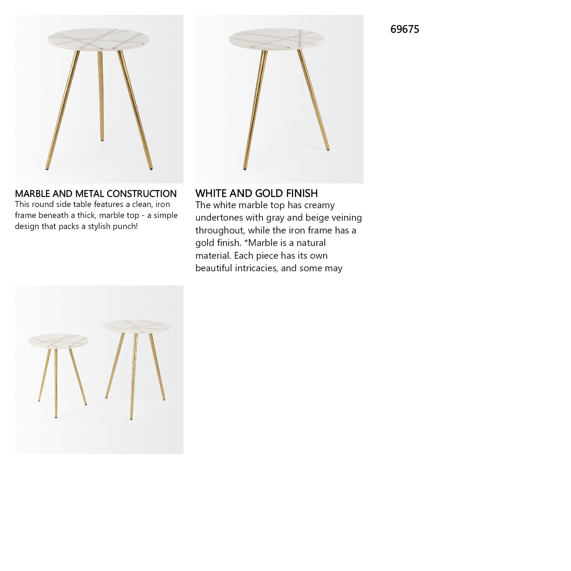 Vivienne 18.0L x 18.0W x 23.0H White Marble W/Antique Gold Metal Round Large Accent Table — in a styled room