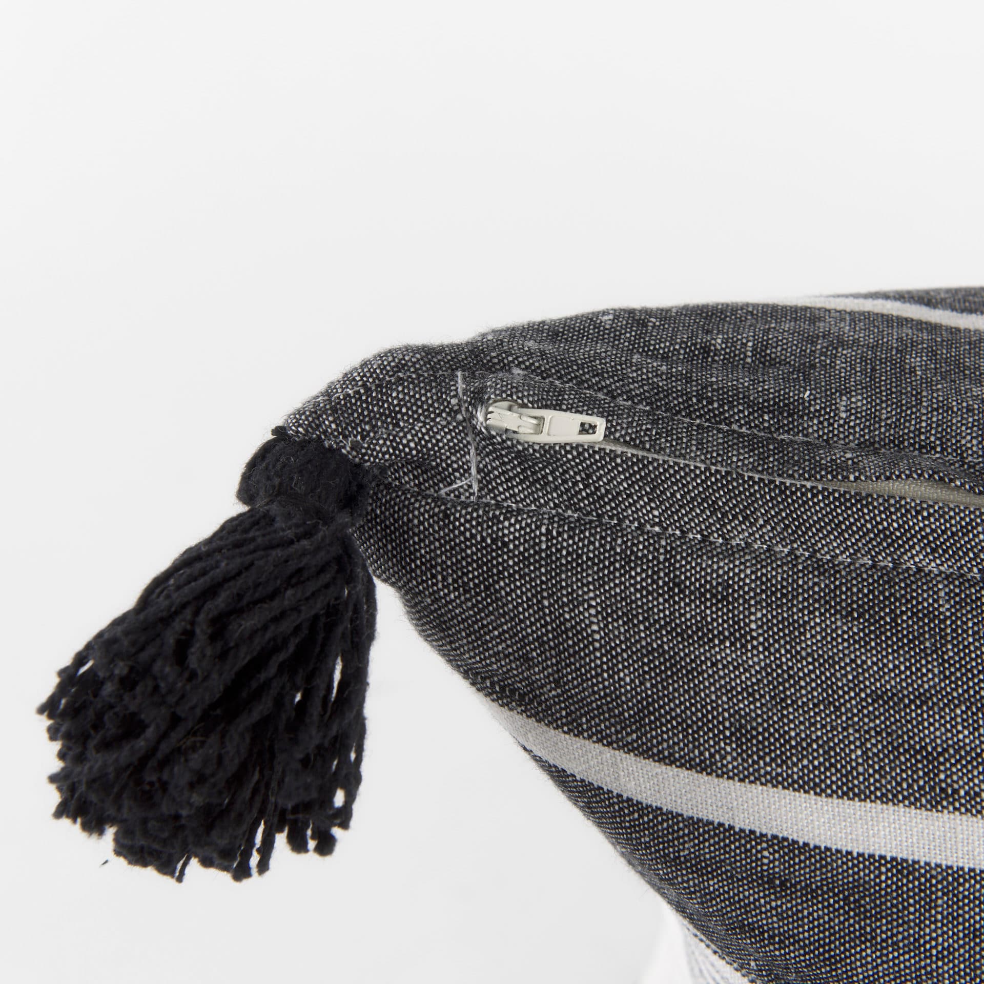 Kimia 20x20 White/Black Fabric Herringbone w/Fringed Pillow Cover — product photograph